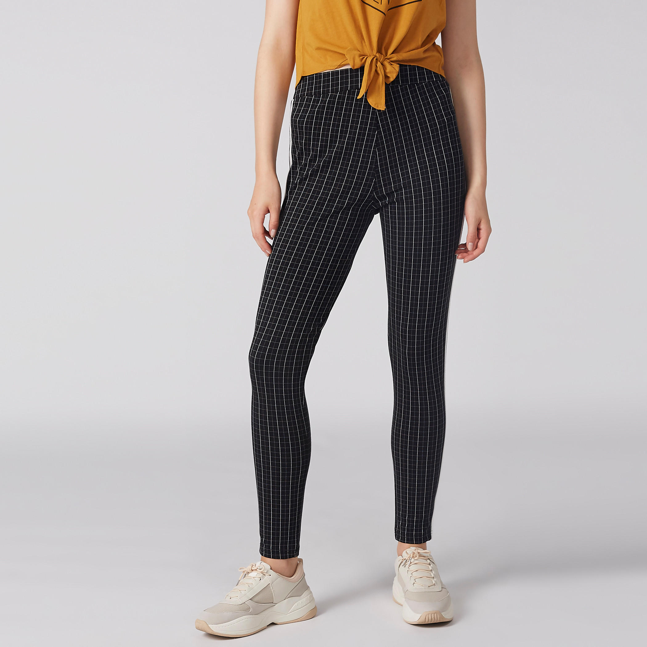 Chequered Trousers with Elasticised Waistband and Tape Detail-women-clothing-bottoms-trousers-image-1