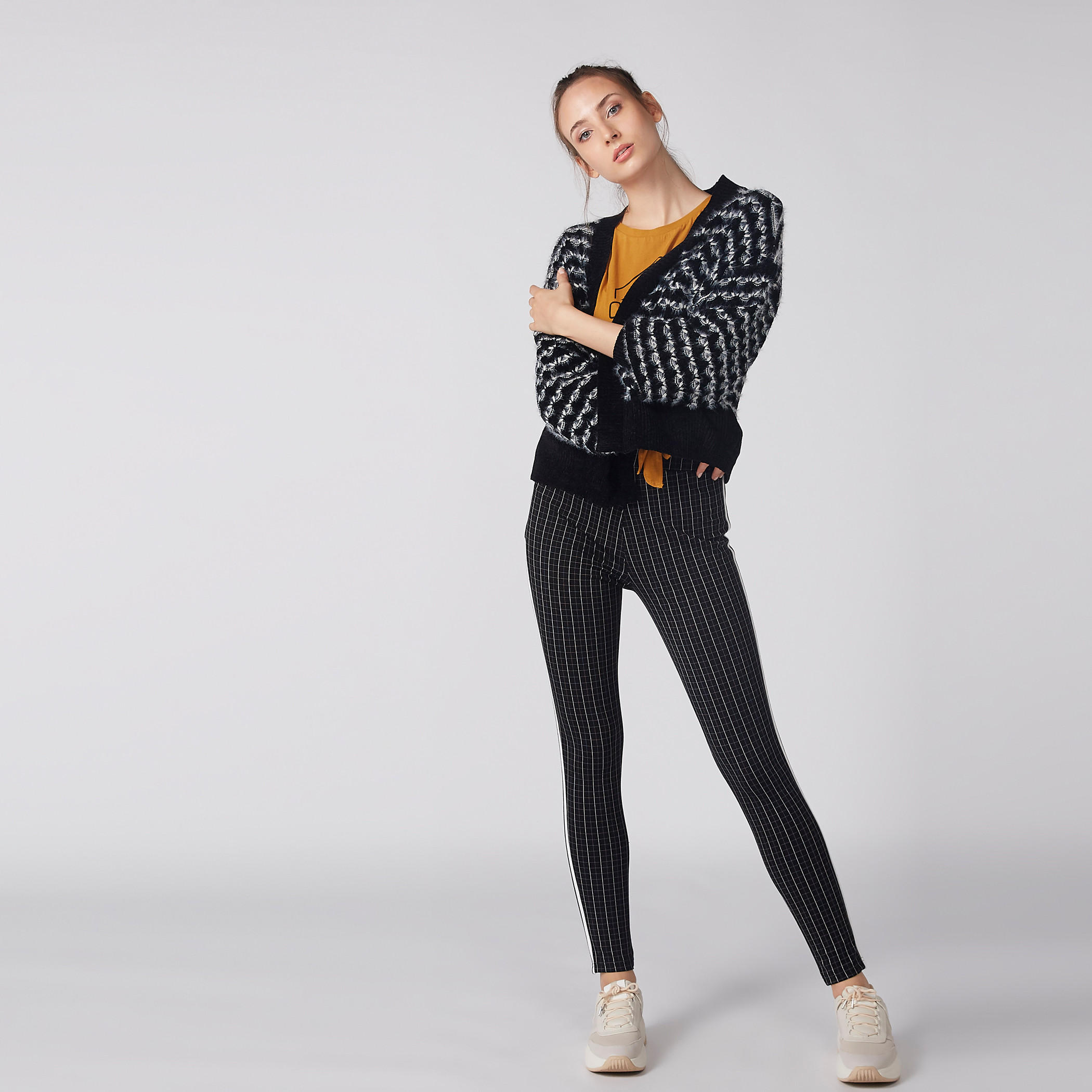 Chequered Trousers with Elasticised Waistband and Tape Detail-women-clothing-bottoms-trousers-image-2