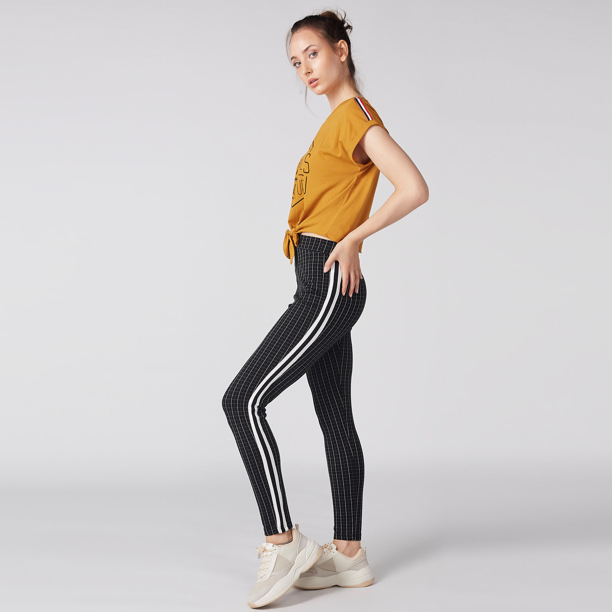 Chequered Trousers with Elasticised Waistband and Tape Detail-women-clothing-bottoms-trousers-image-3