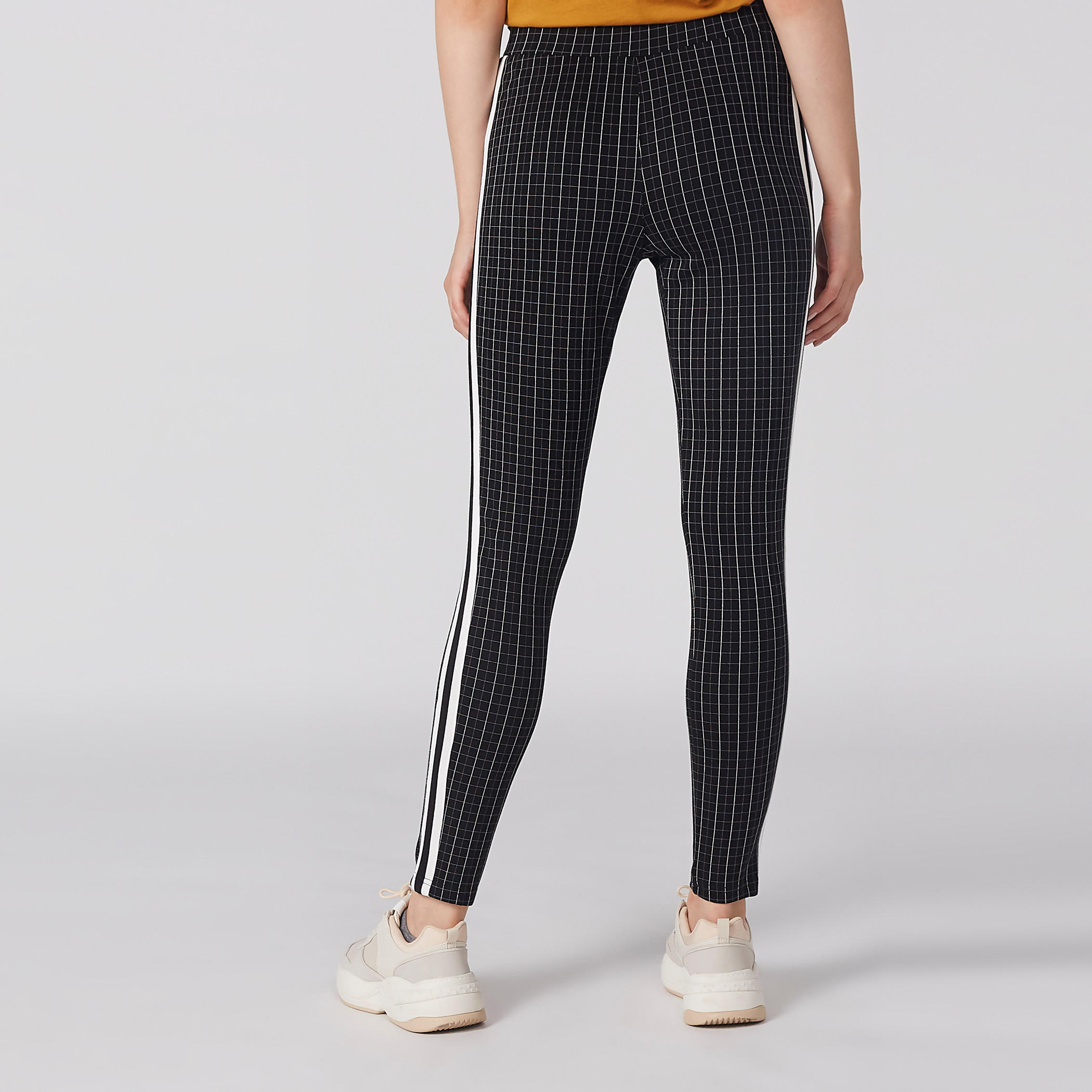 Chequered Trousers with Elasticised Waistband and Tape Detail-women-clothing-bottoms-trousers-image-4