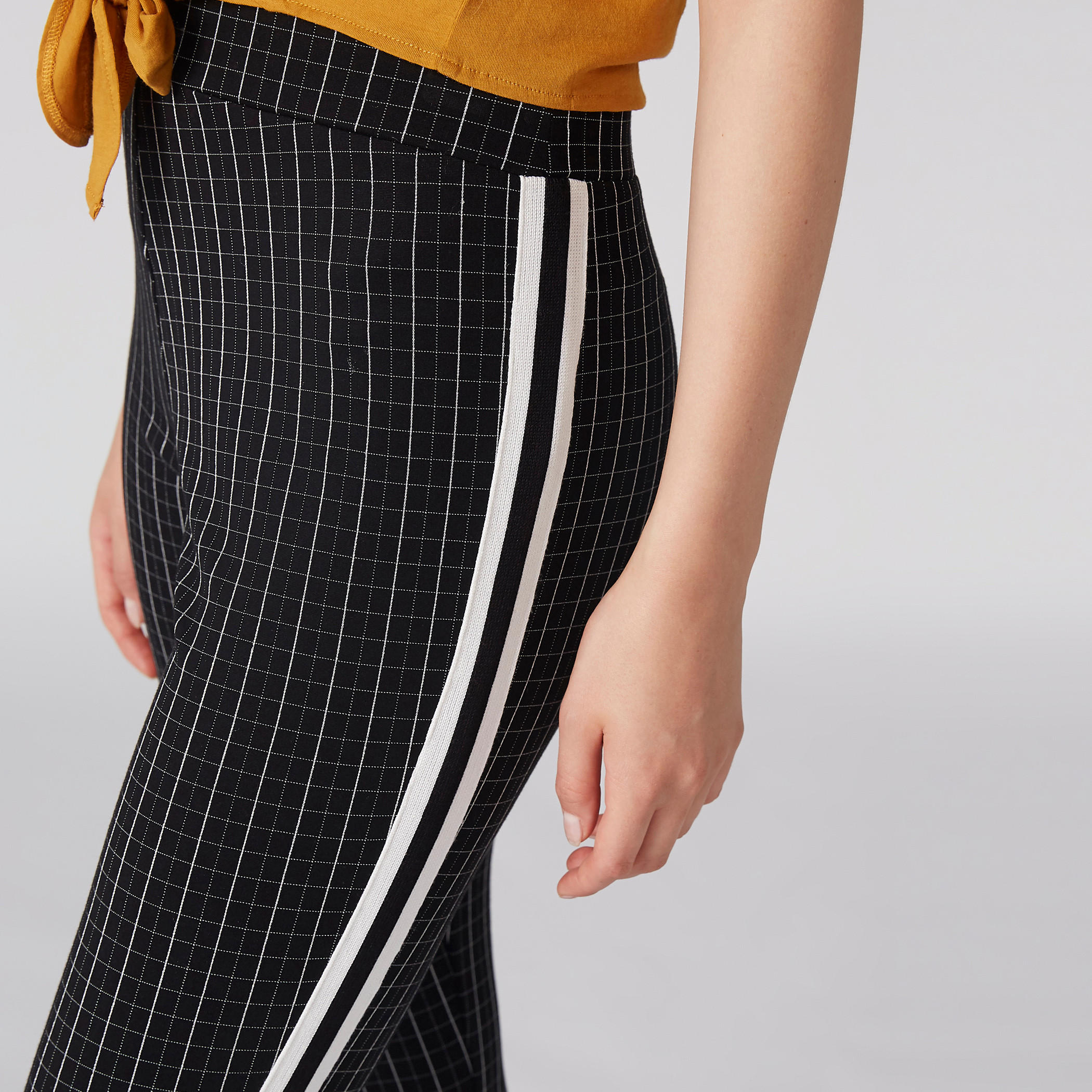 Chequered Trousers with Elasticised Waistband and Tape Detail-women-clothing-bottoms-trousers-image-5