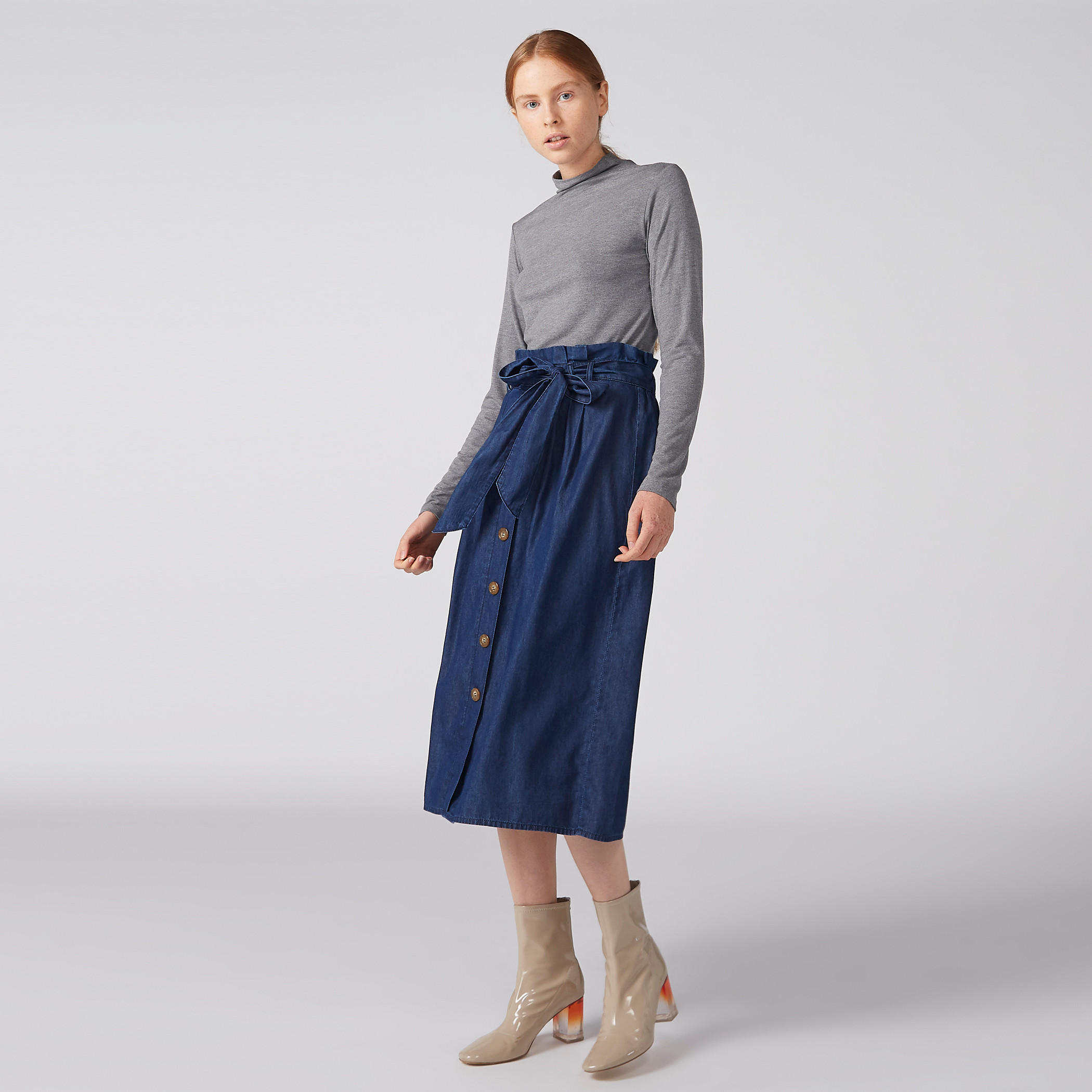 تنورة ميدي آيه لاين بخصر بيبرباج وزر-women-clothing-bottoms-skirts-image-1