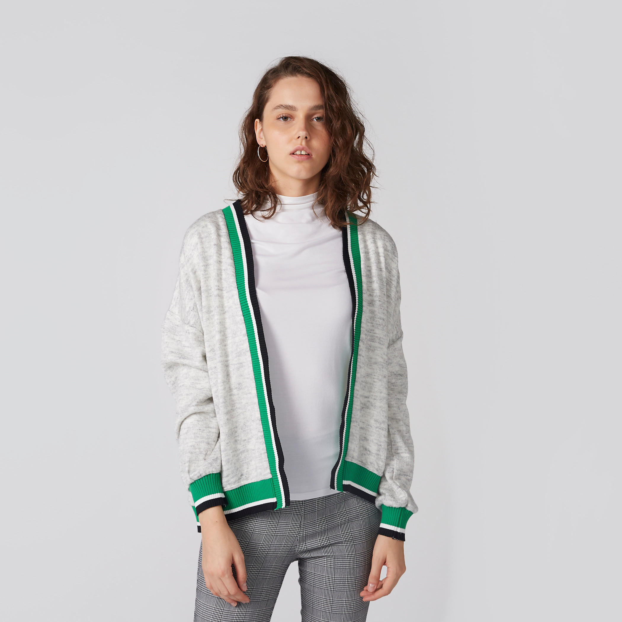 Melange Open Front Cardigan with Cuffed Long Sleeves-women-winterwear-cardigansandjumpers-cardigans-image-1