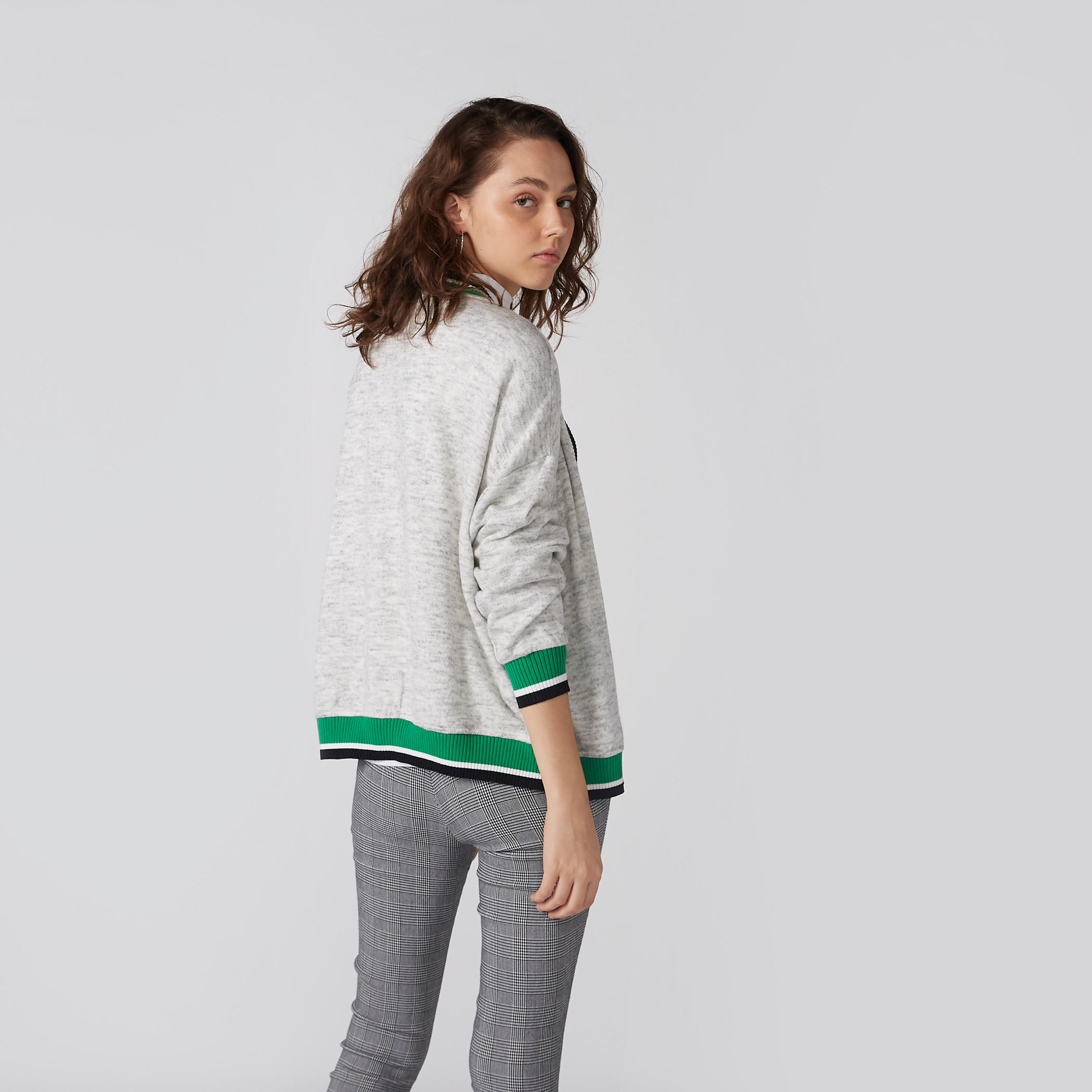 Melange Open Front Cardigan with Cuffed Long Sleeves-women-winterwear-cardigansandjumpers-cardigans-image-3