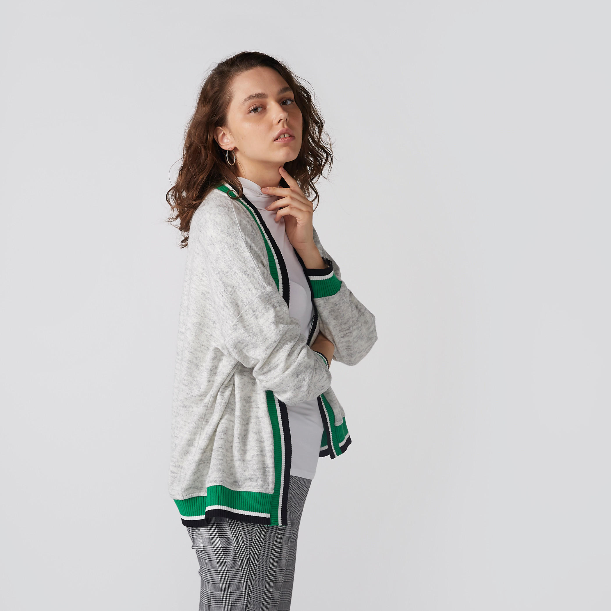 Melange Open Front Cardigan with Cuffed Long Sleeves-women-winterwear-cardigansandjumpers-cardigans-image-4