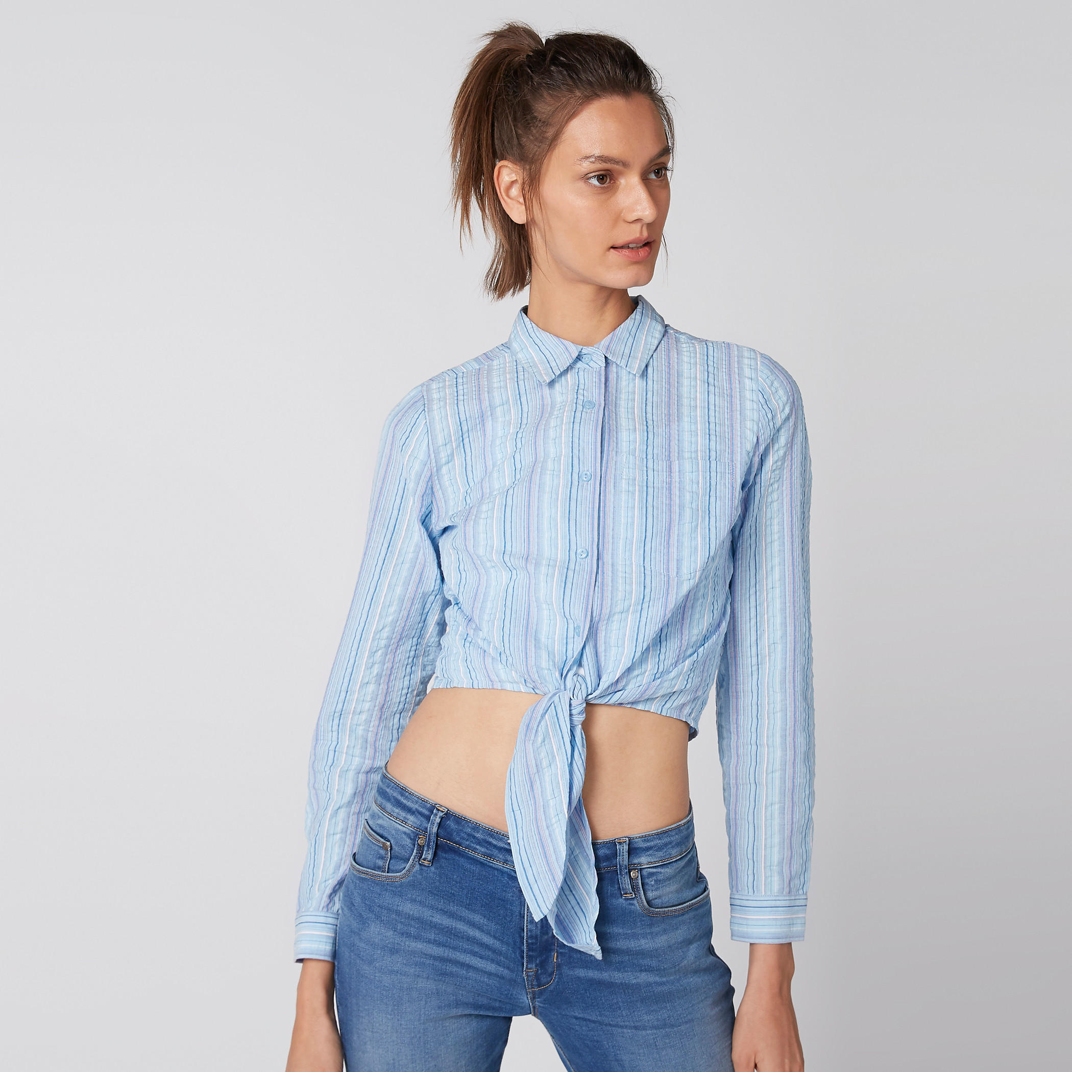 Striped Crop Shirt with Long Sleeves and Knot Detail-women-clothing-shirtsandblouses-shirts-image-4