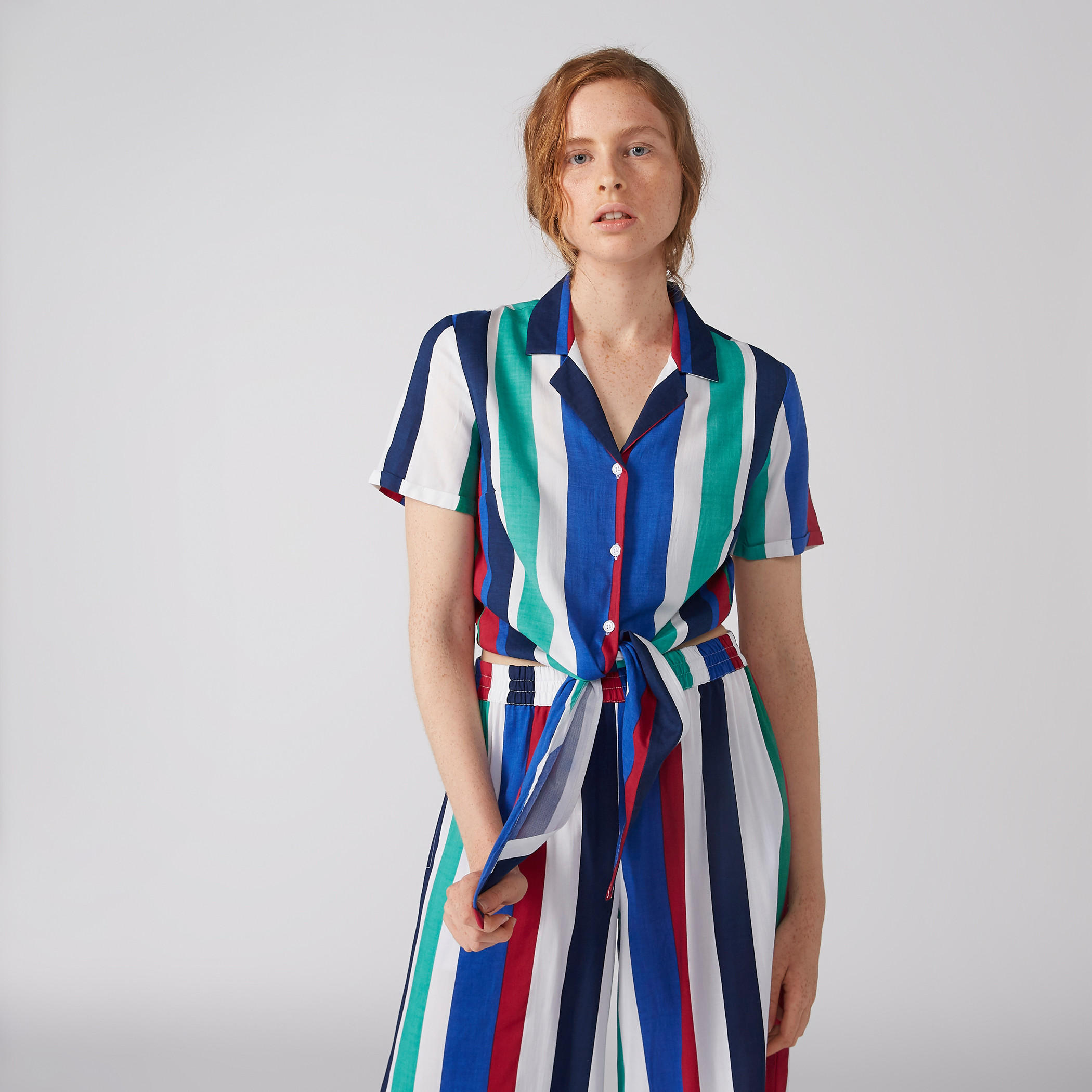 Striped Crop Shirt with Short Sleeves and Tie Ups-women-clothing-shirtsandblouses-shirts-image-2