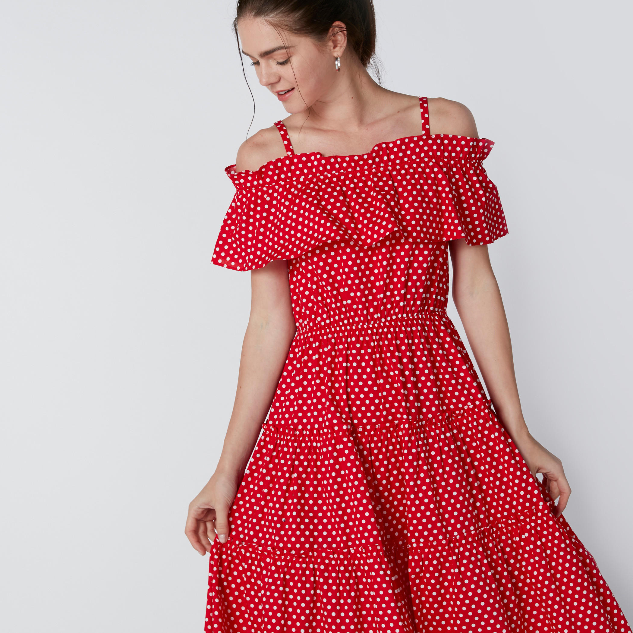 Polka Dot Printed Off Shoulder Dress-women-clothing-dresses-image-1