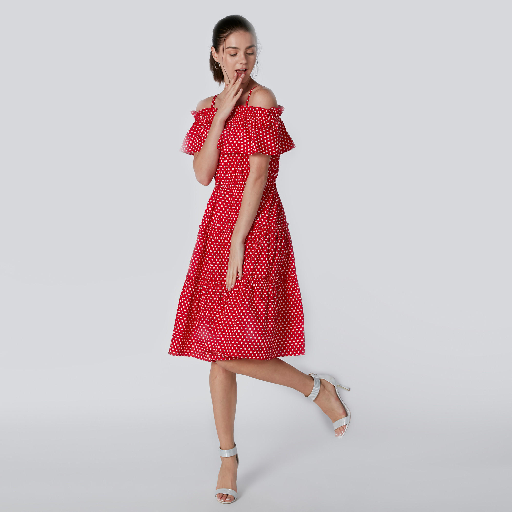 Polka Dot Printed Off Shoulder Dress-women-clothing-dresses-image-3