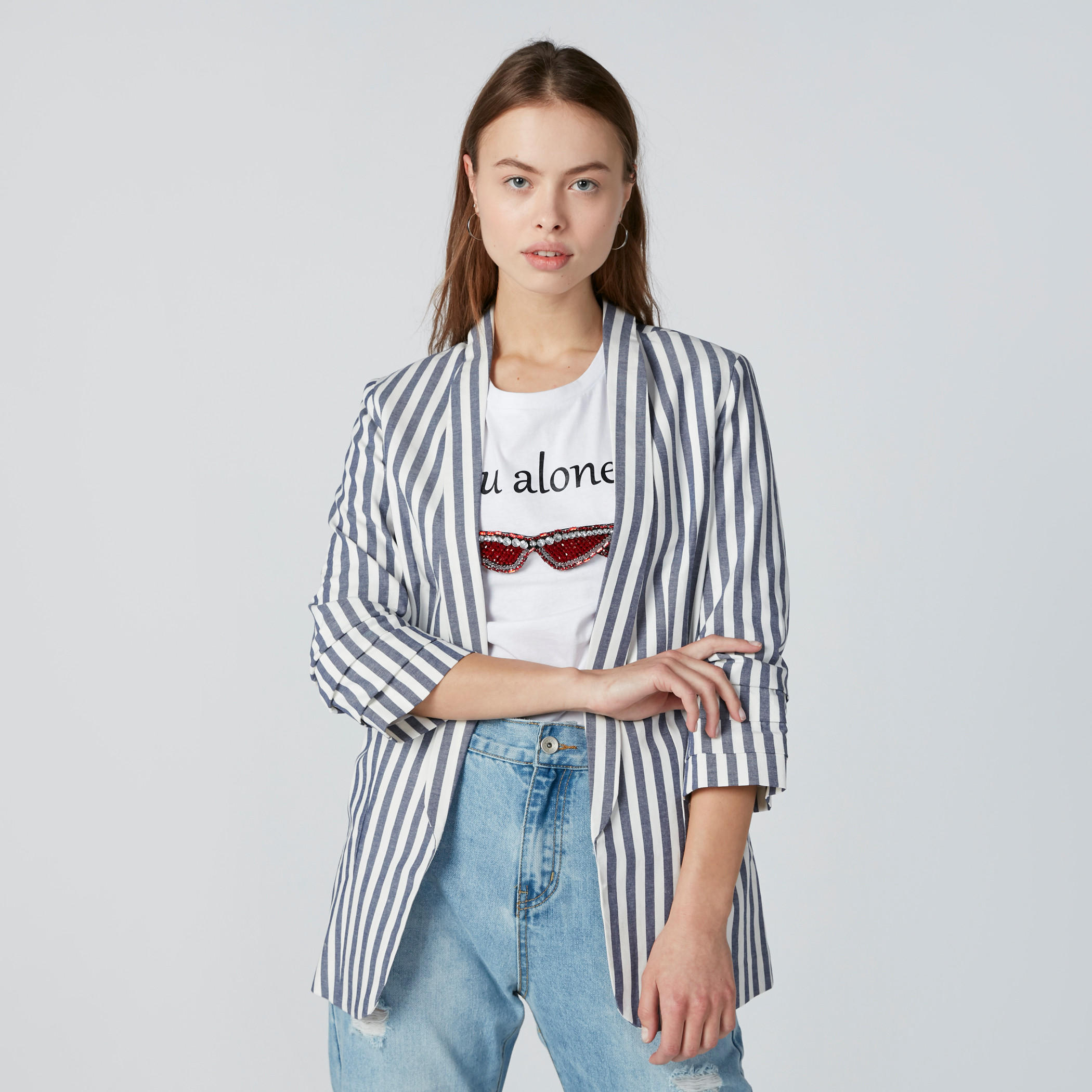 Striped Open Front Blazer with Layered Sleeves-women-clothing-coatsandjackets-blazers-image-3