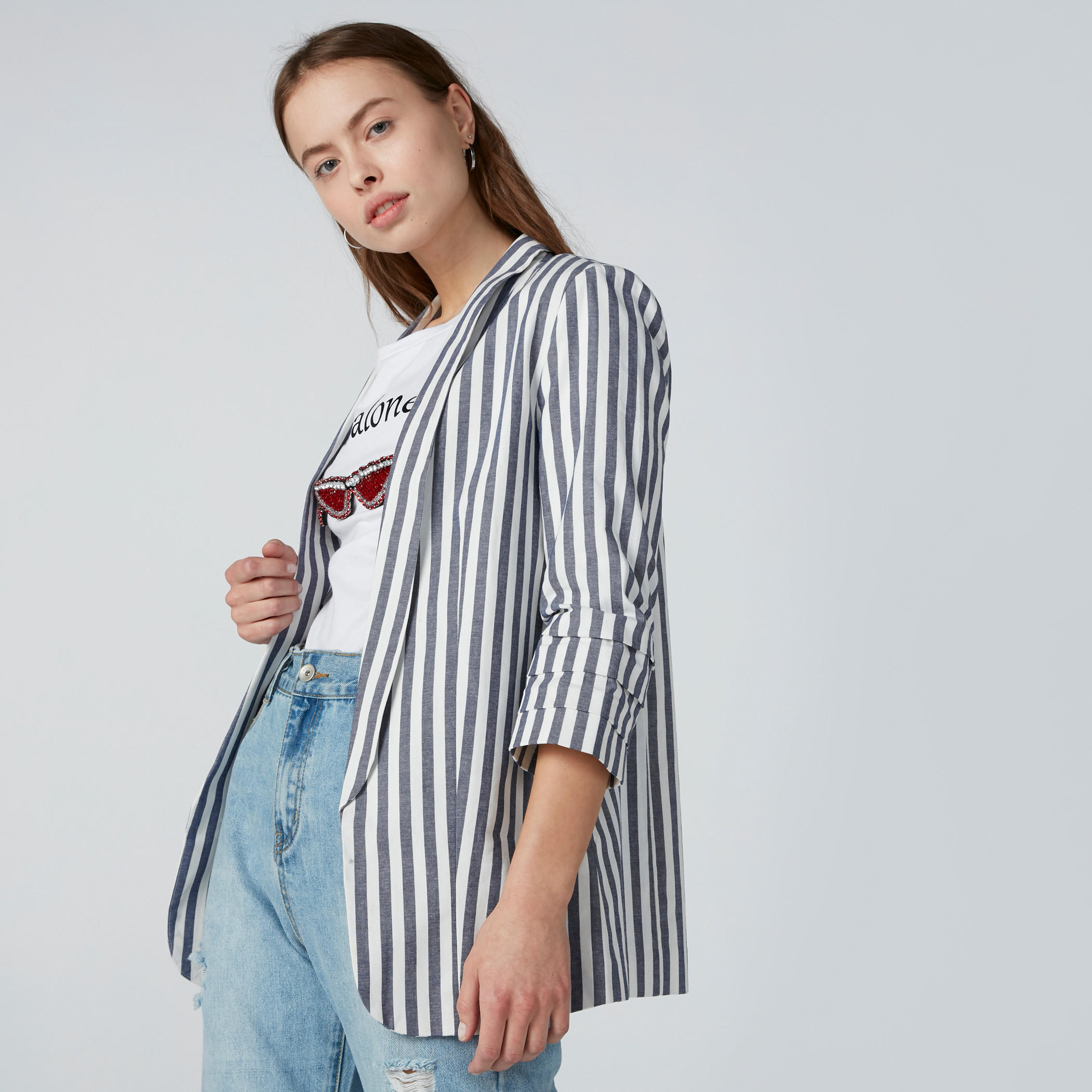 Striped Open Front Blazer with Layered Sleeves-women-clothing-coatsandjackets-blazers-image-4