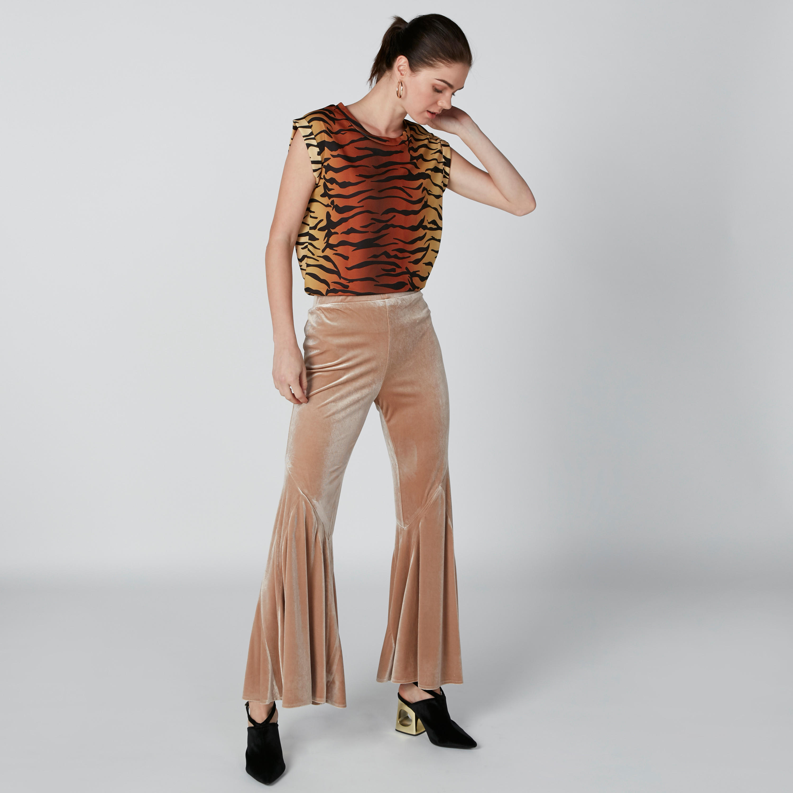 Textured Flared Trousers with Elasticised Waistband-women-clothing-bottoms-trousers-image-1