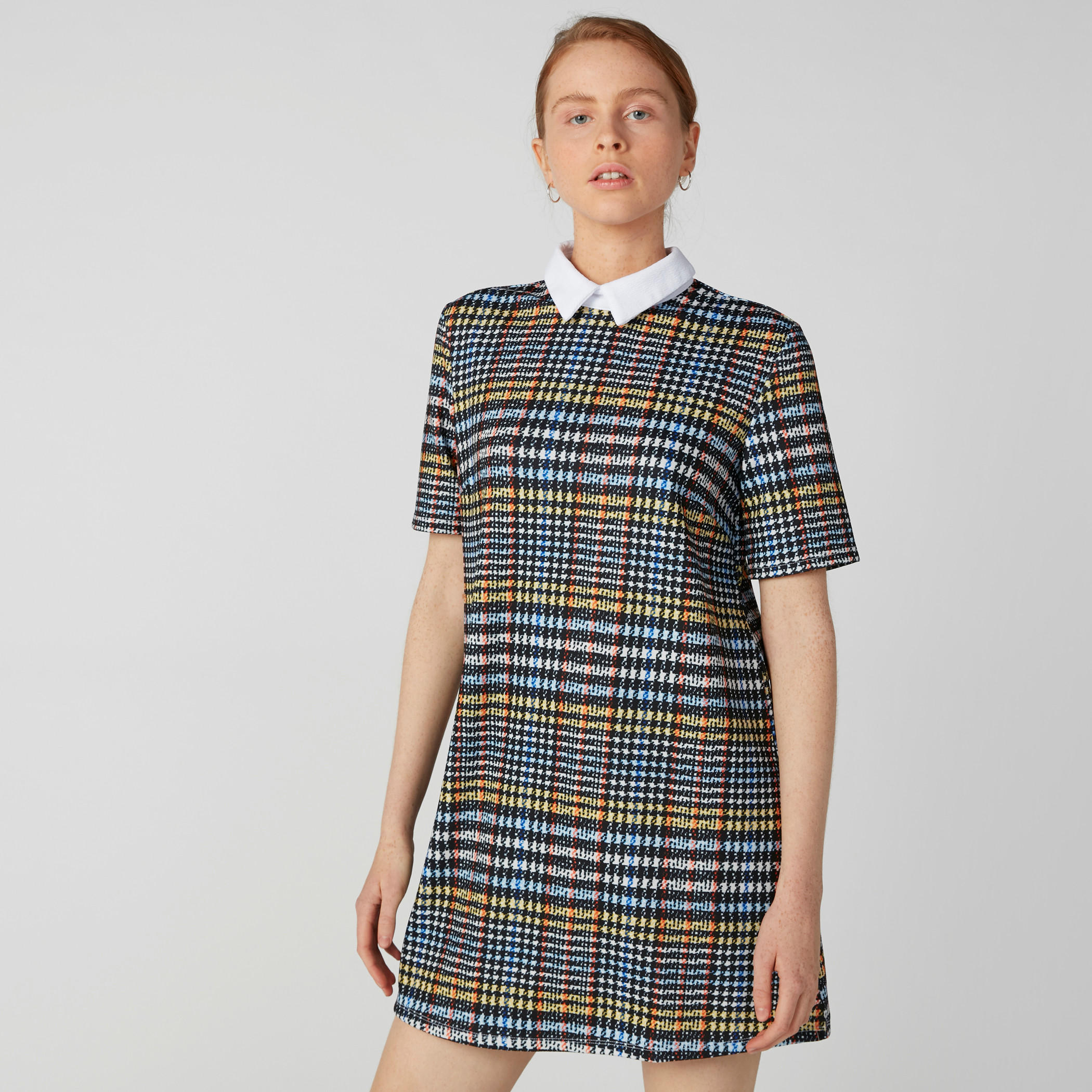 فستان كاروهات قصير واسع بأكمام قصيرة-women-clothing-dresses-image-1