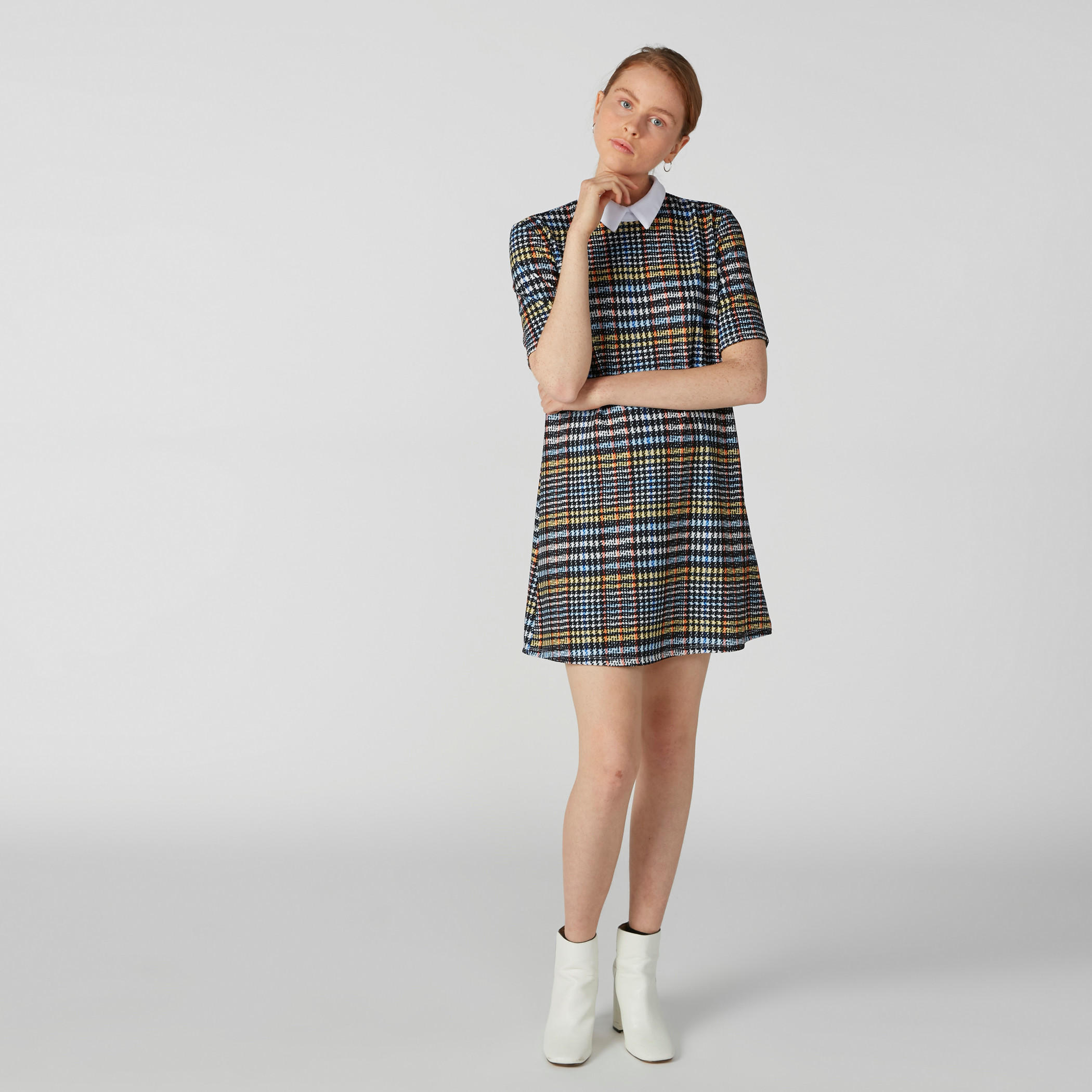 فستان كاروهات قصير واسع بأكمام قصيرة-women-clothing-dresses-image-3