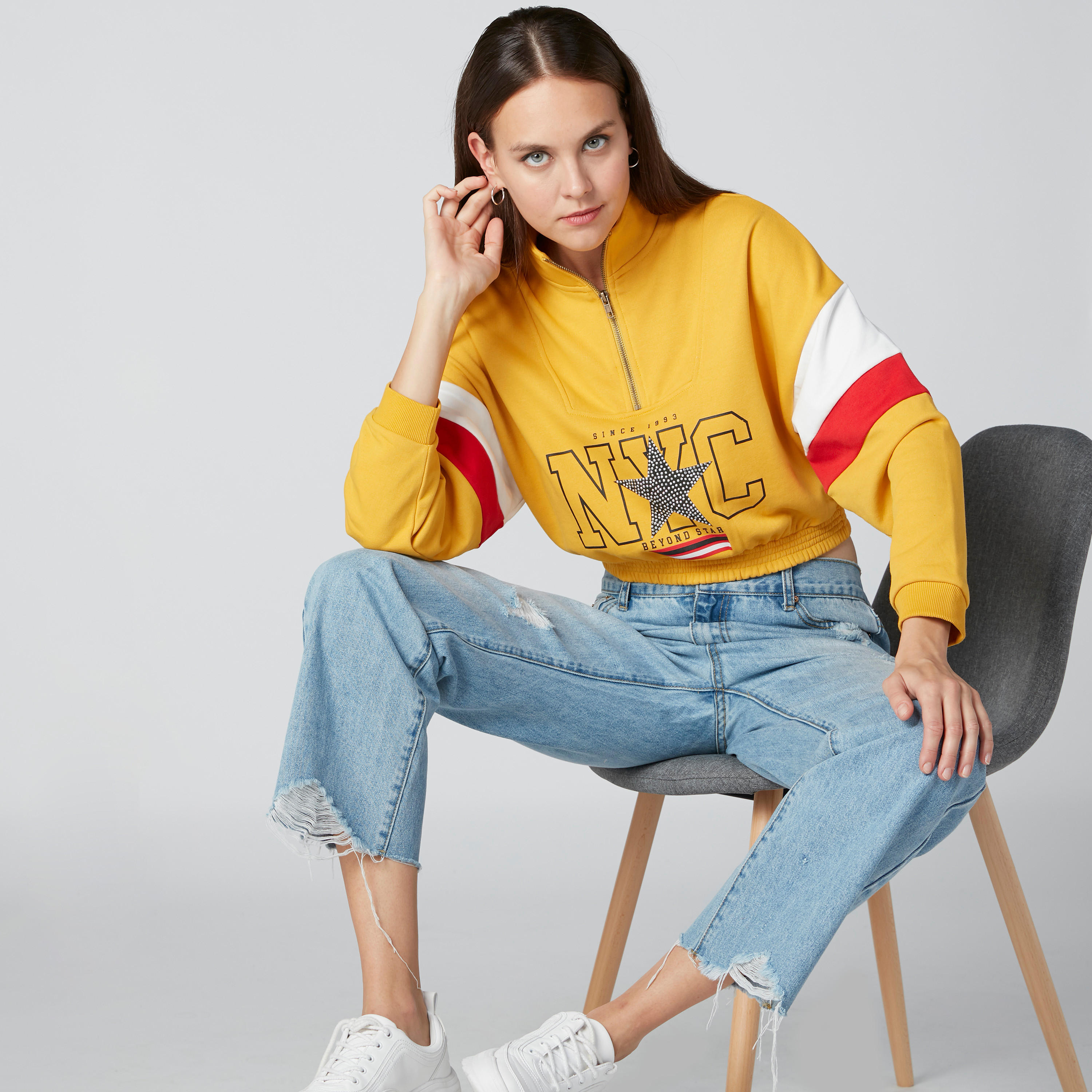Printed Sweatshirt with Extended Sleeves and Zip Closure-women-winterwear-hoodiesandsweatshirts-sweatshirts-image-1