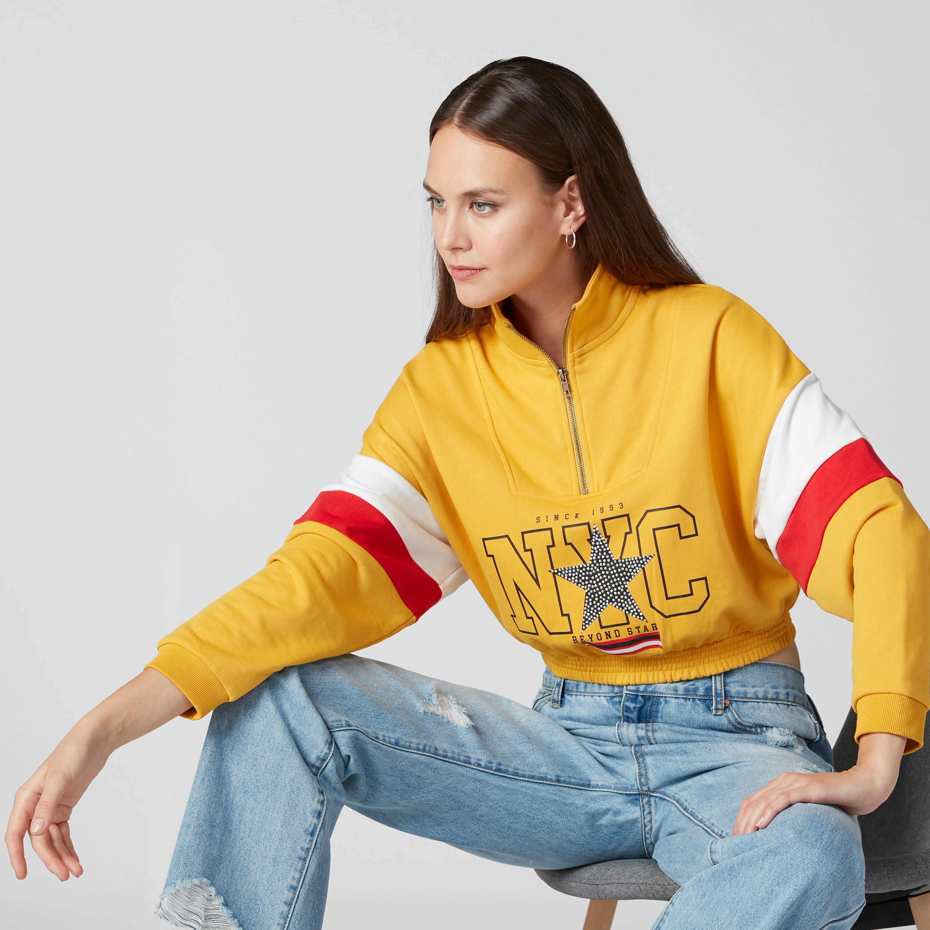 Printed Sweatshirt with Extended Sleeves and Zip Closure-women-winterwear-hoodiesandsweatshirts-sweatshirts-image-3