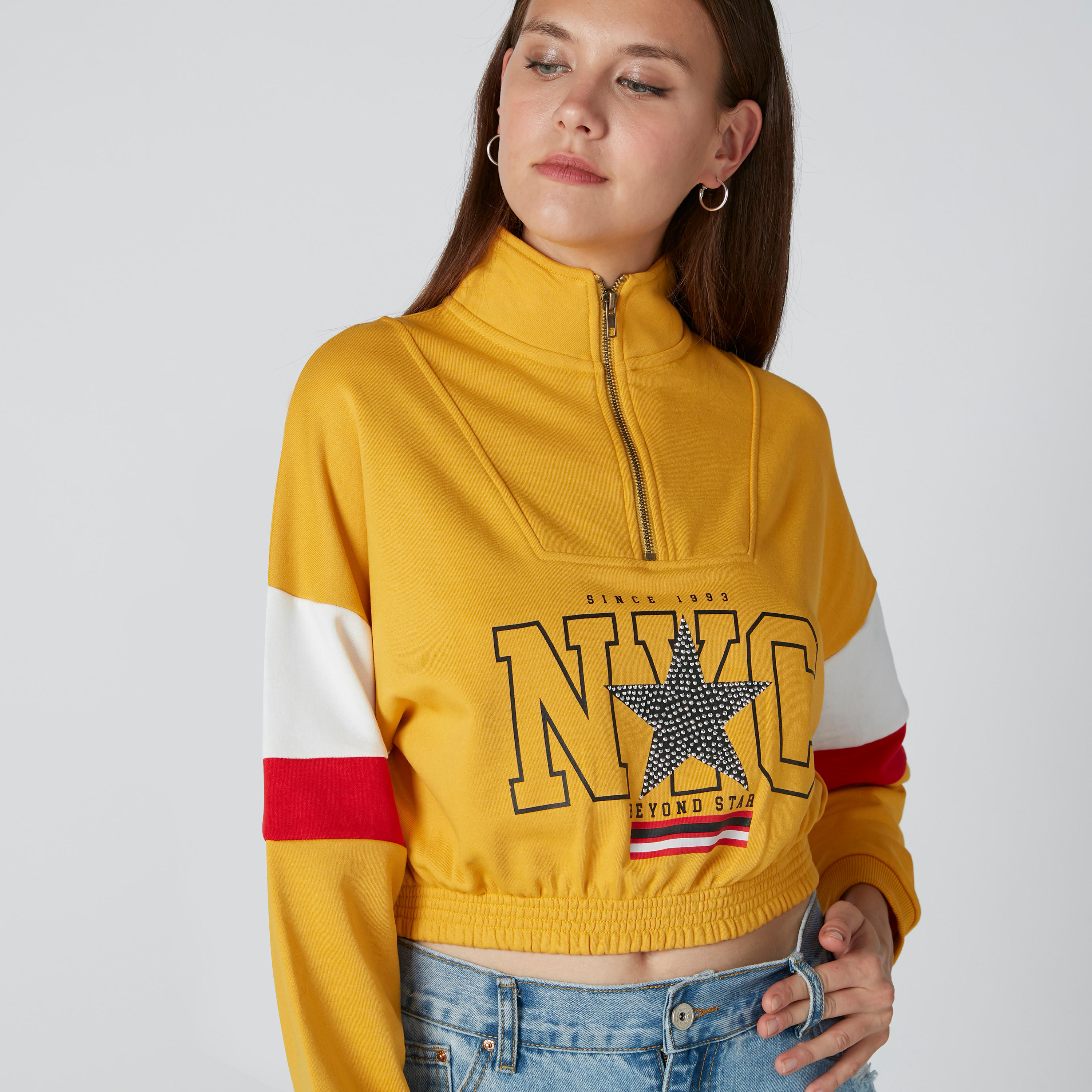 Printed Sweatshirt with Extended Sleeves and Zip Closure-women-winterwear-hoodiesandsweatshirts-sweatshirts-image-5