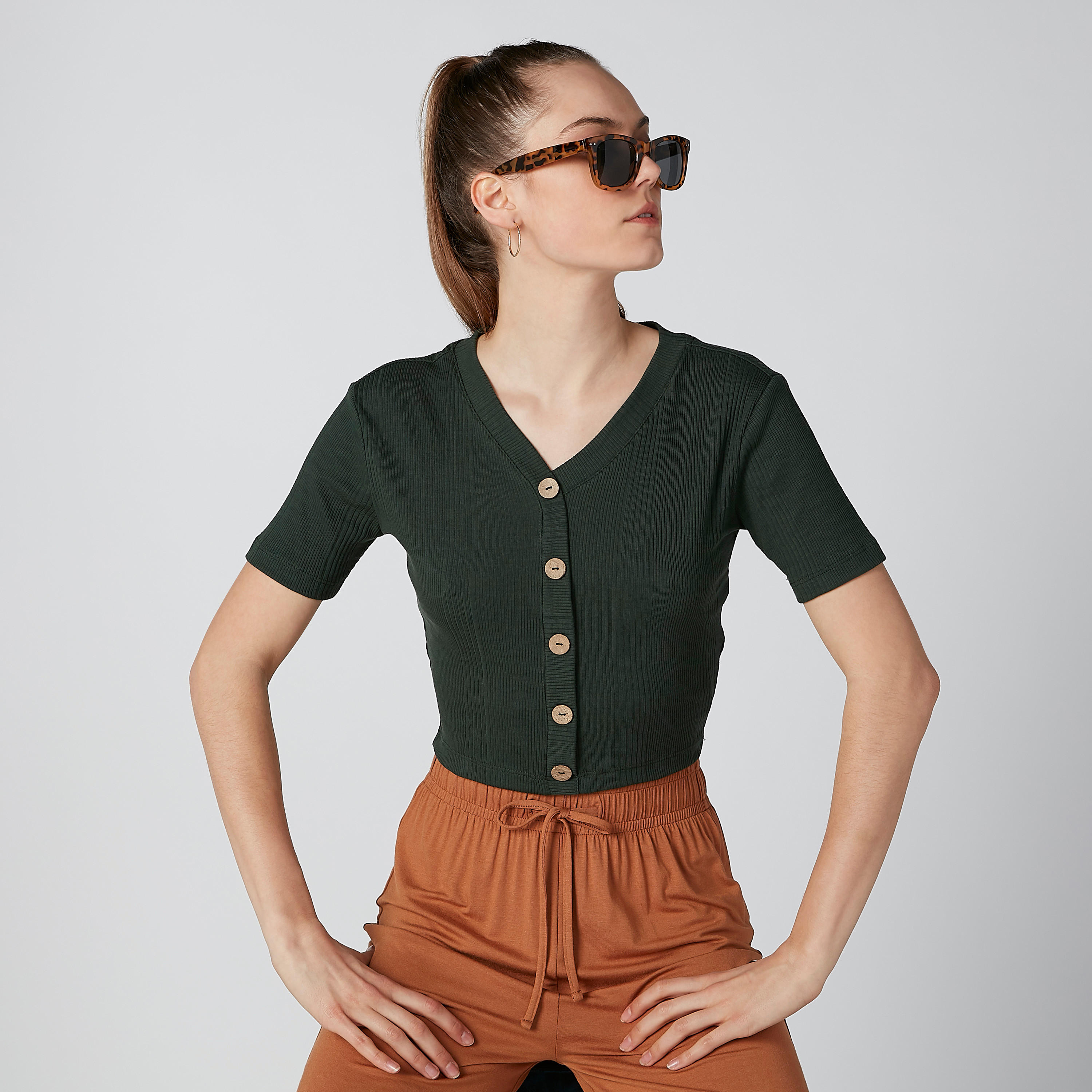 Cropped Ribbed Top with V-neck and Button Detail-women-clothing-shirtsandblouses-blouses-image-1