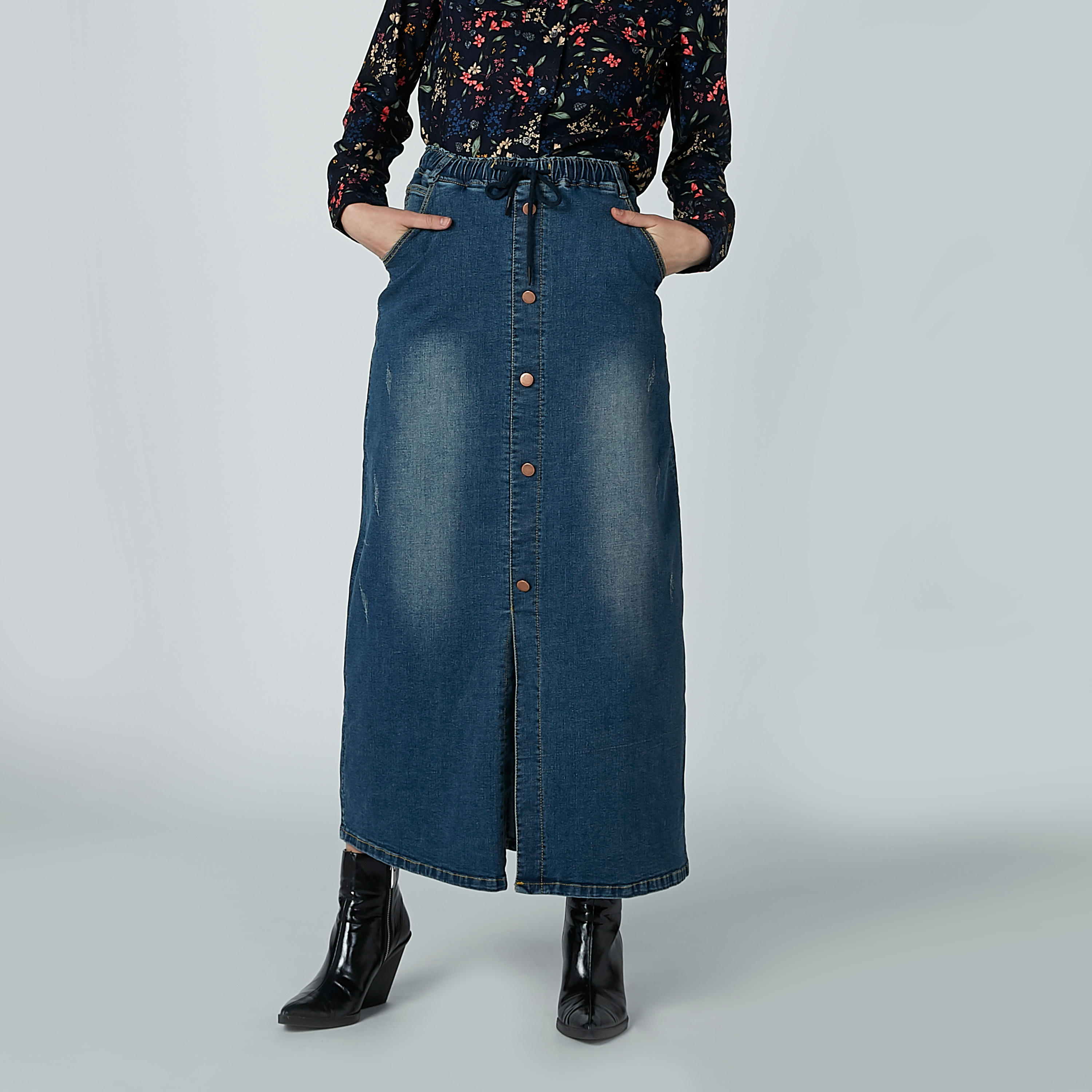 تنورة دينم سادة إيه لاين طويلة بجيوب-women-clothing-bottoms-skirts-image-1
