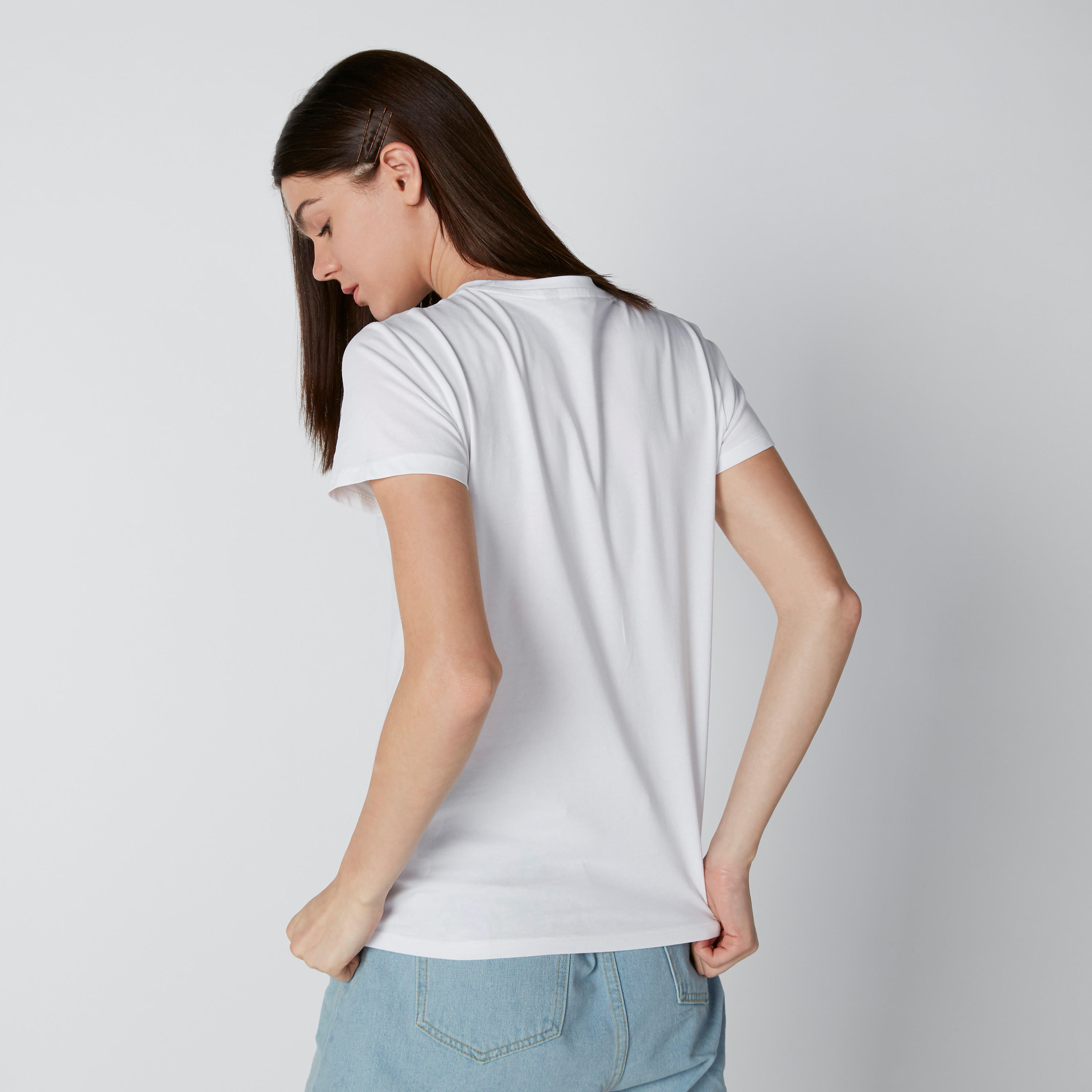 Applique Detailed Round Neck T-shirt with Short Sleeves-women-clothing-tshirts-image-2