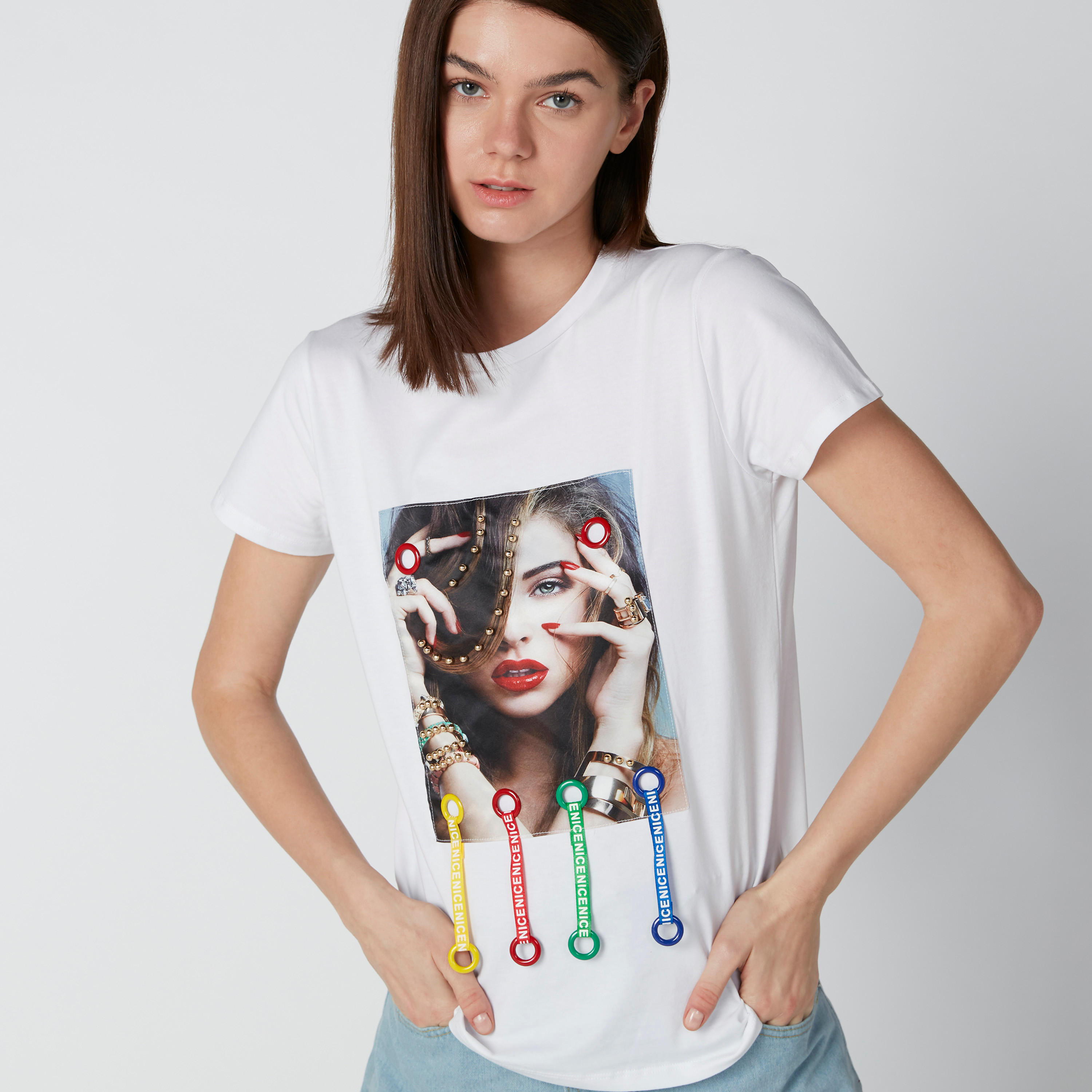 Applique Detailed Round Neck T-shirt with Short Sleeves-women-clothing-tshirts-image-3