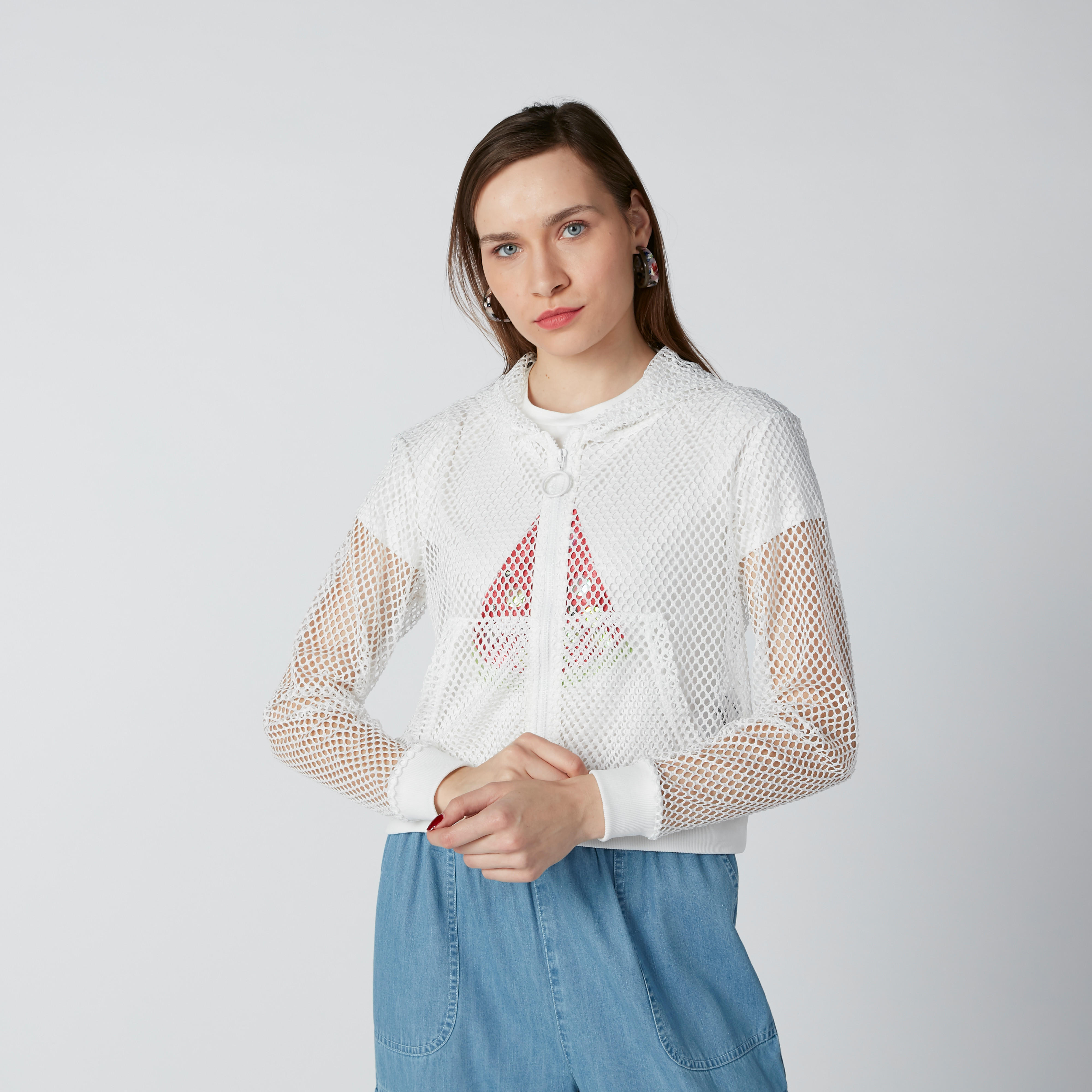 Textured Bomber Jacket with Long Sleeves and Kangaroo Pockets-women-winterwear-coatsandjackets-jackets-image-3