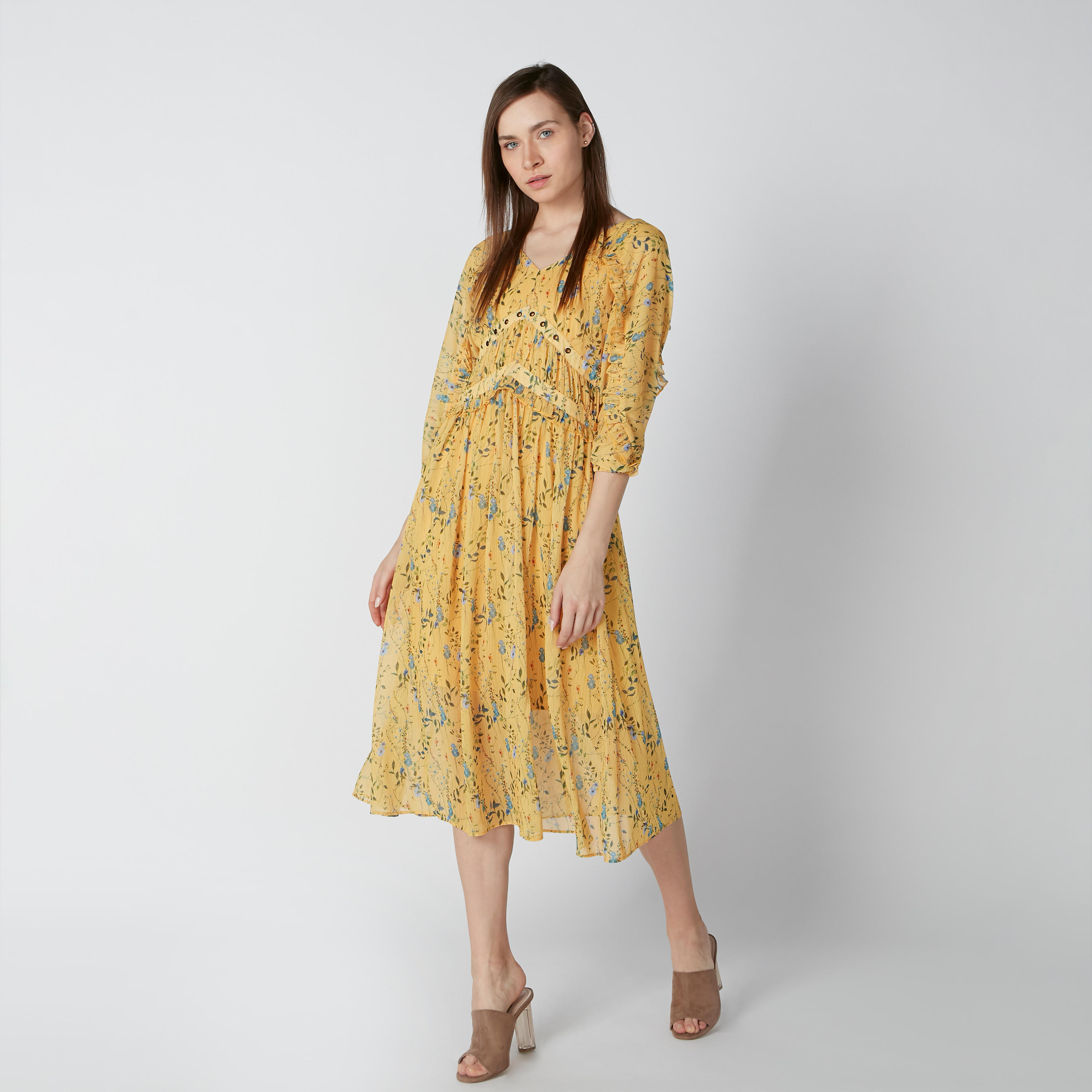 فستان متوسط الطول بأكمام 3/4 وحلقات وطبعات زهرية-women-clothing-dresses-image-1
