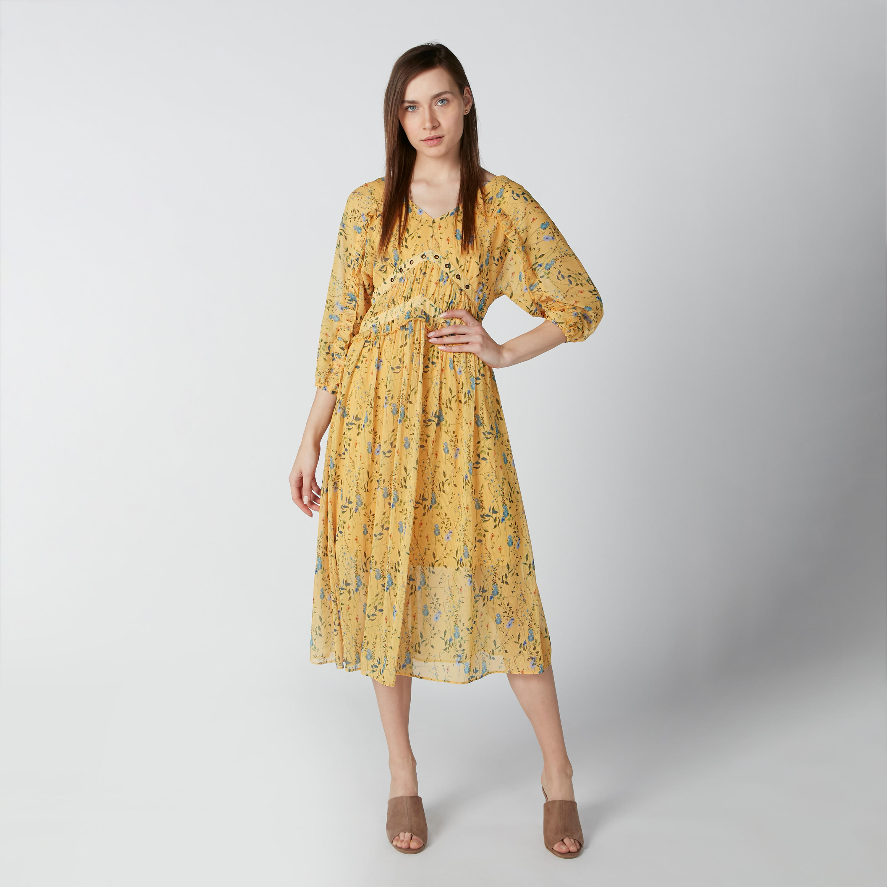 فستان متوسط الطول بأكمام 3/4 وحلقات وطبعات زهرية-women-clothing-dresses-image-3