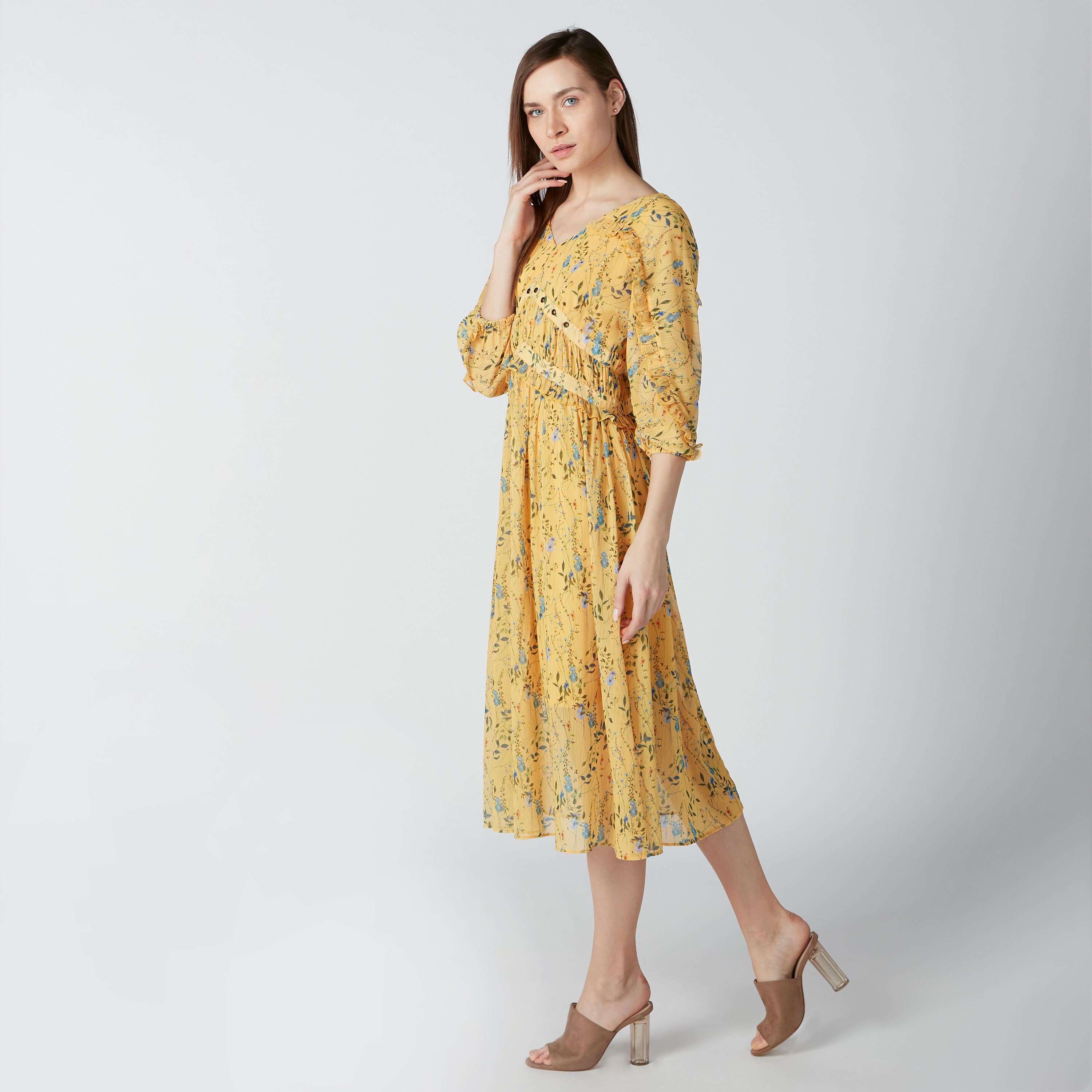 فستان متوسط الطول بأكمام 3/4 وحلقات وطبعات زهرية-women-clothing-dresses-image-4