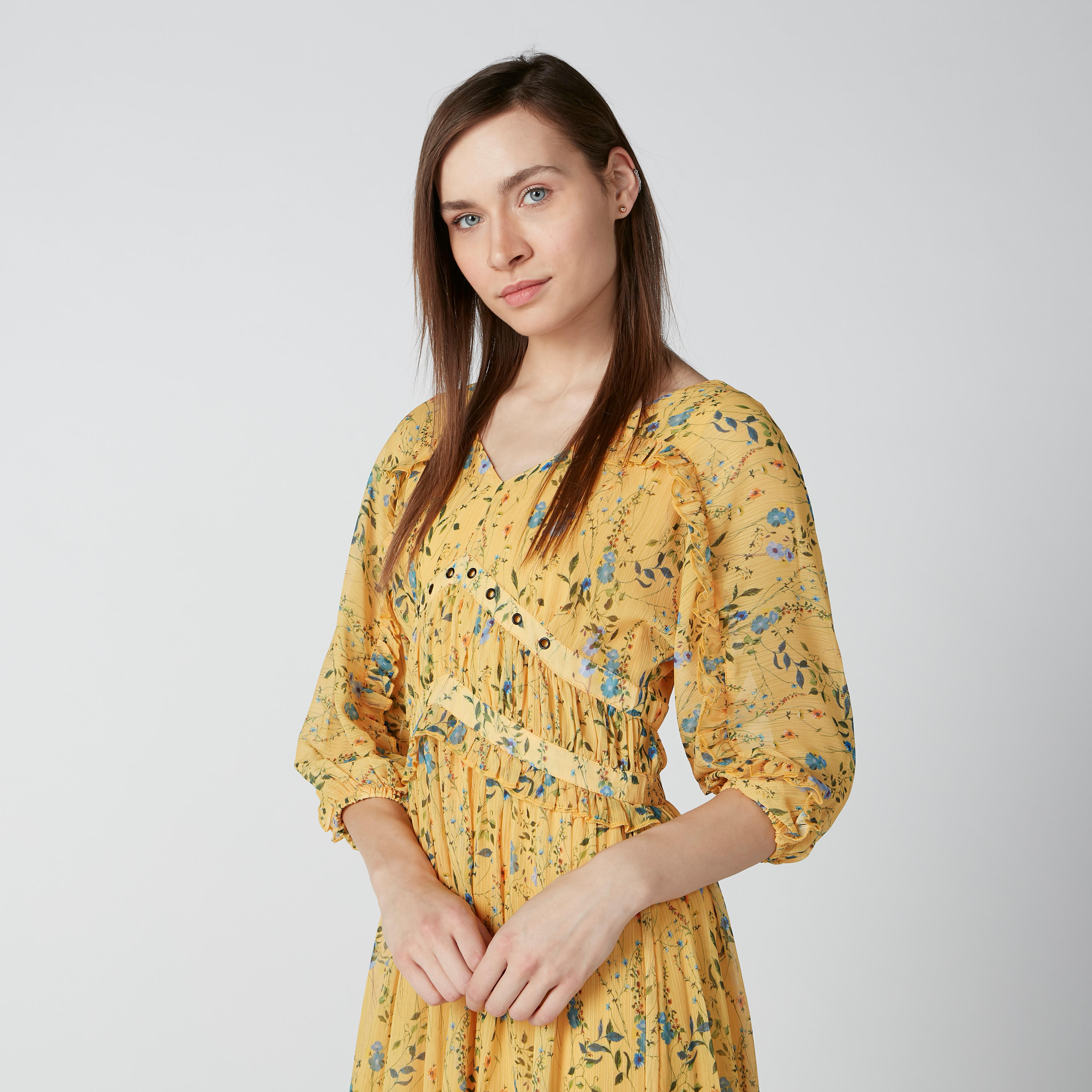 فستان متوسط الطول بأكمام 3/4 وحلقات وطبعات زهرية-women-clothing-dresses-image-5