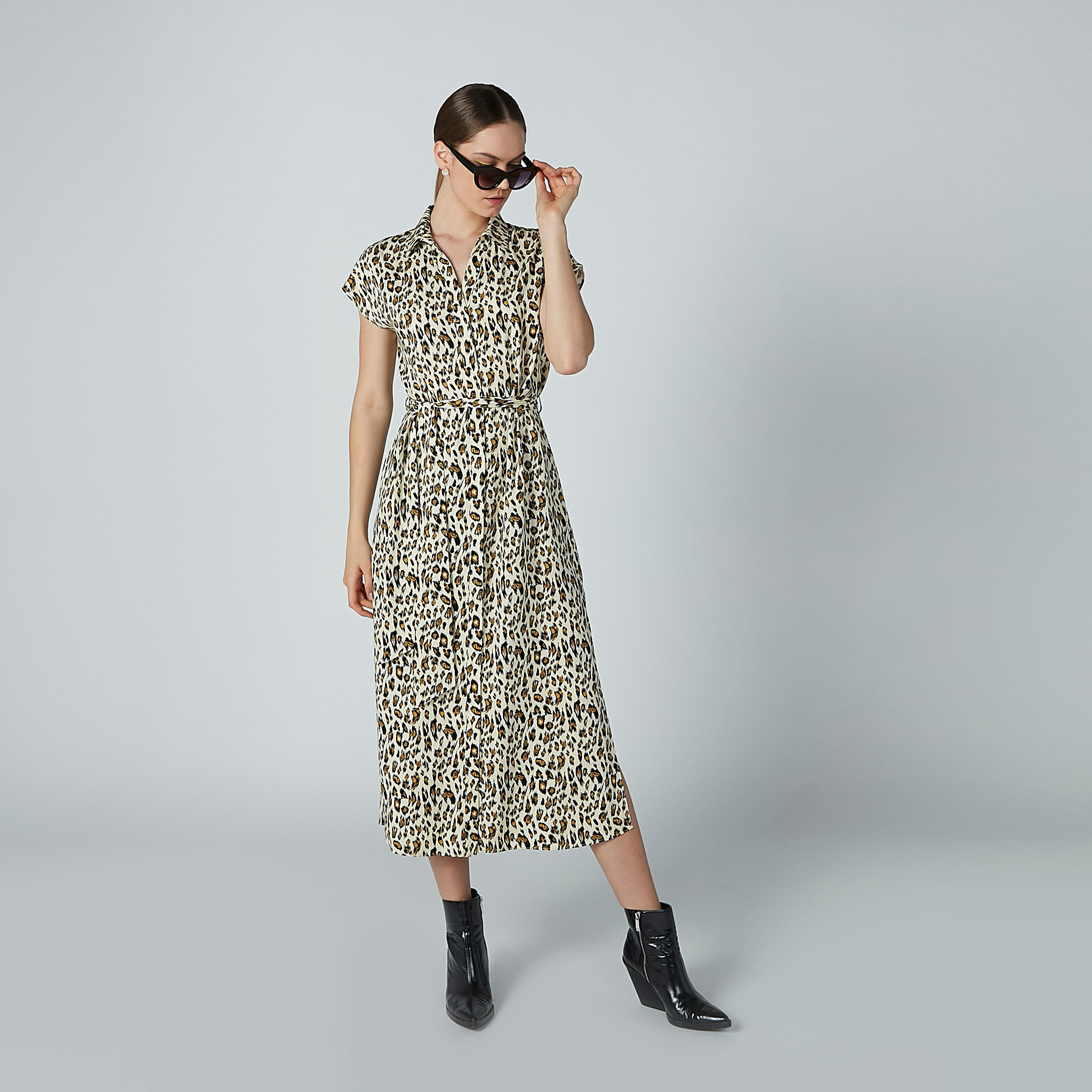 Animal Print Shirt Dress with Cap Sleeves-women-clothing-dresses-image-1
