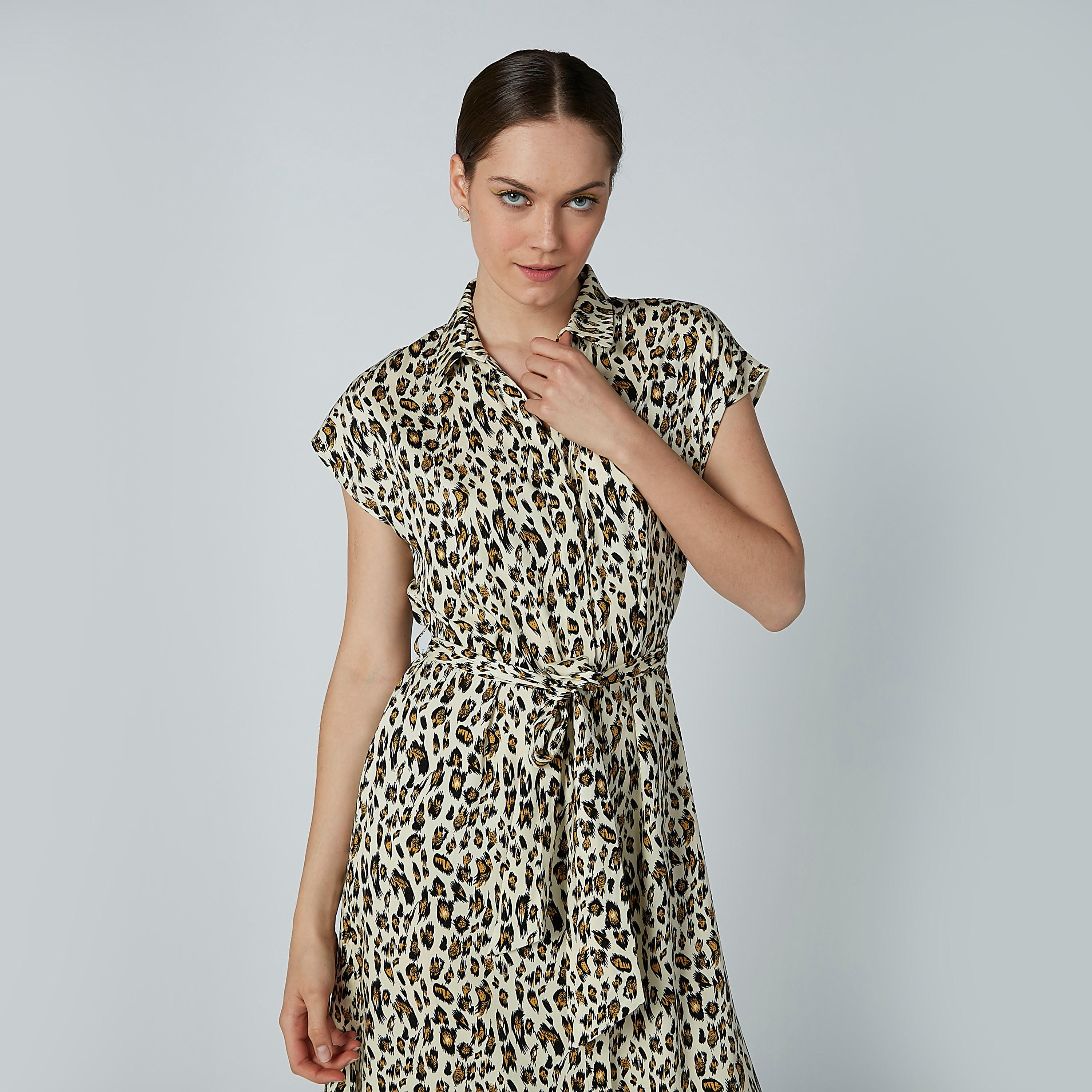 Animal Print Shirt Dress with Cap Sleeves-women-clothing-dresses-image-2