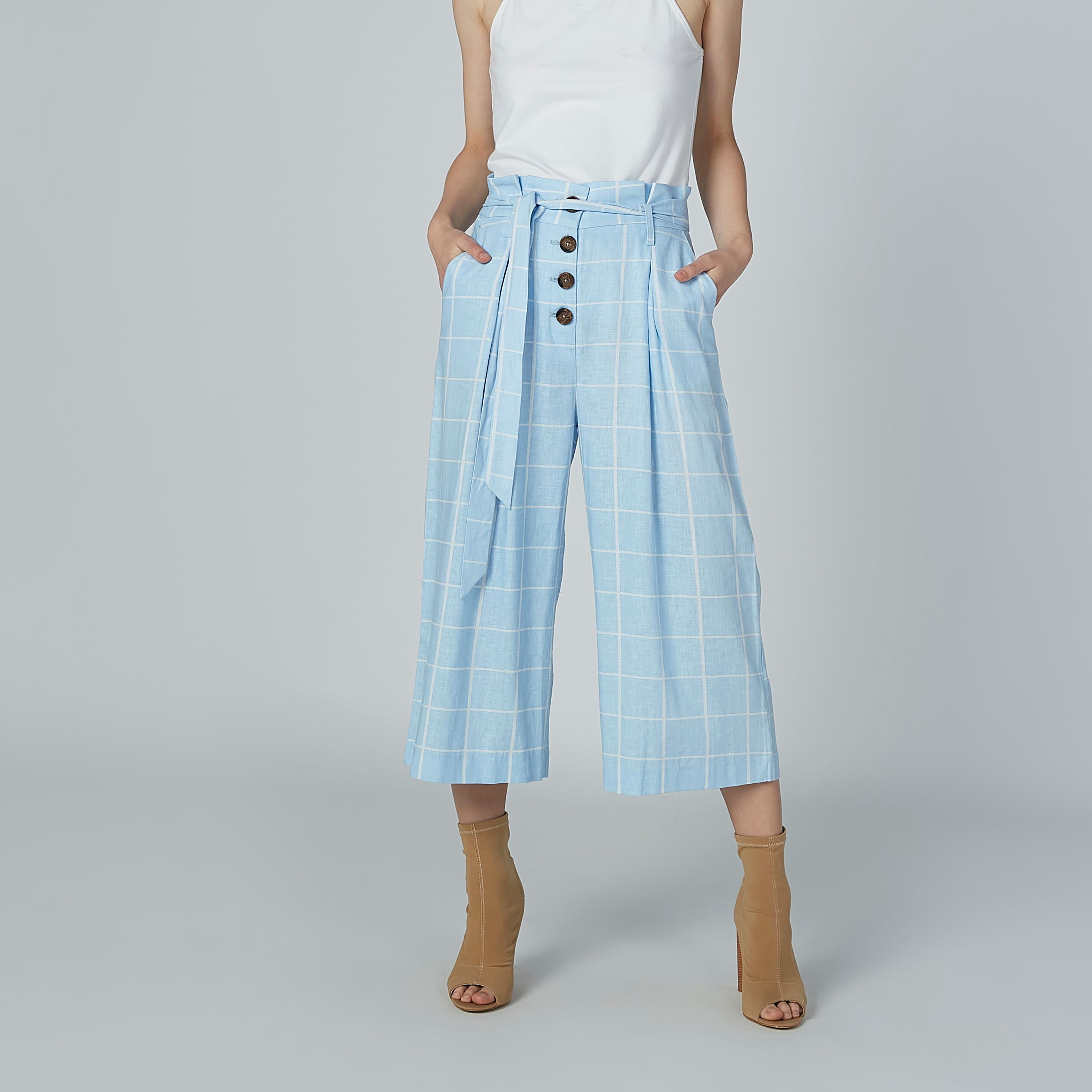 بنطال واسع الساقين كاروهات بحزام رباط وجيوب-women-clothing-bottoms-trousers-image-2