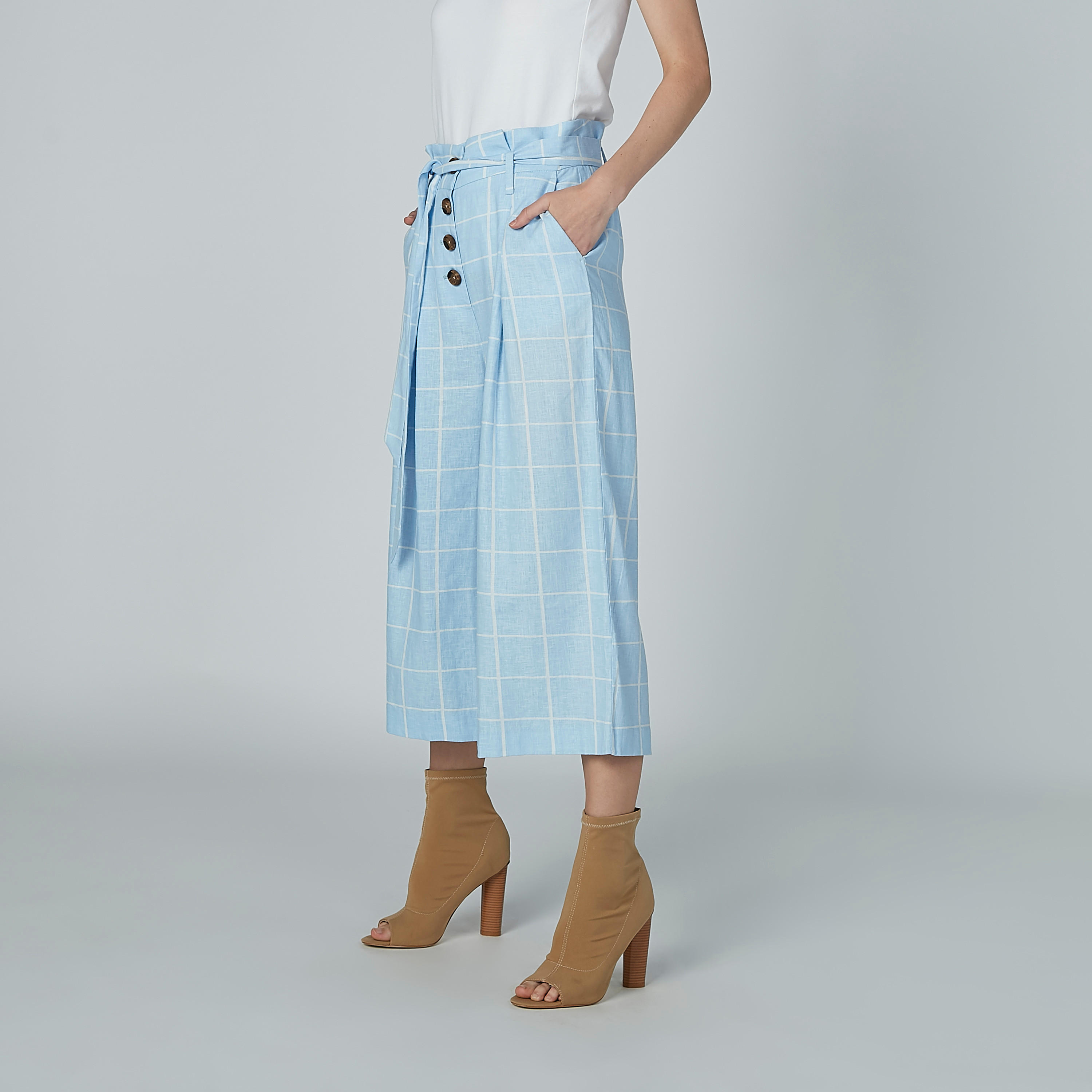 بنطال واسع الساقين كاروهات بحزام رباط وجيوب-women-clothing-bottoms-trousers-image-3