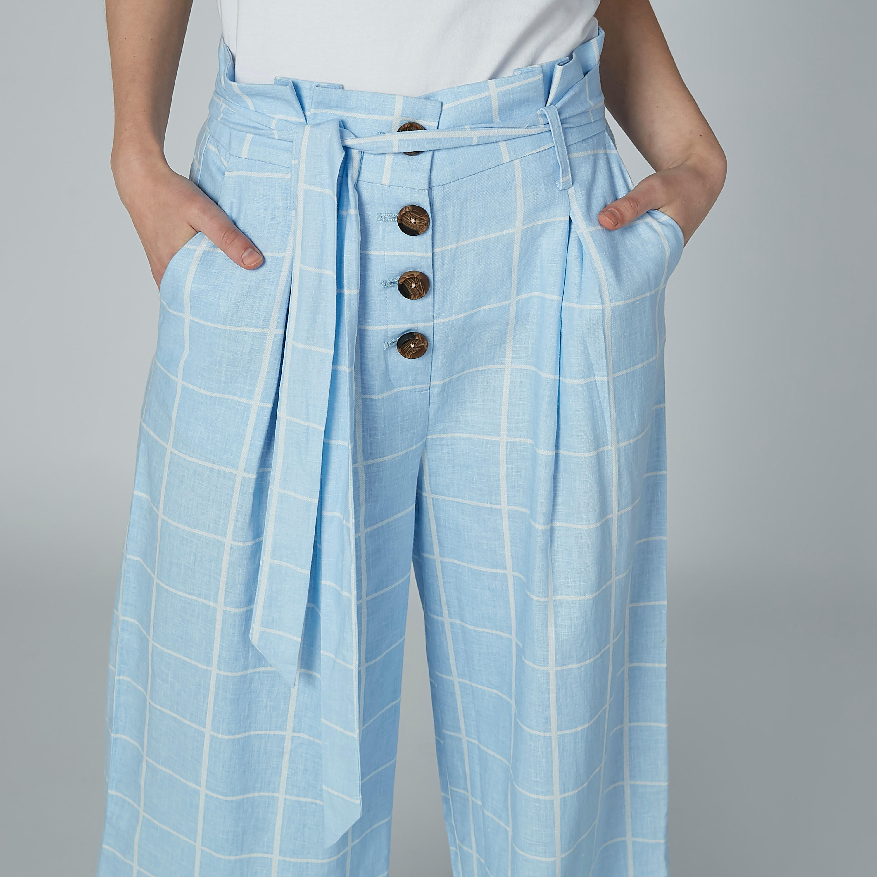 بنطال واسع الساقين كاروهات بحزام رباط وجيوب-women-clothing-bottoms-trousers-image-5