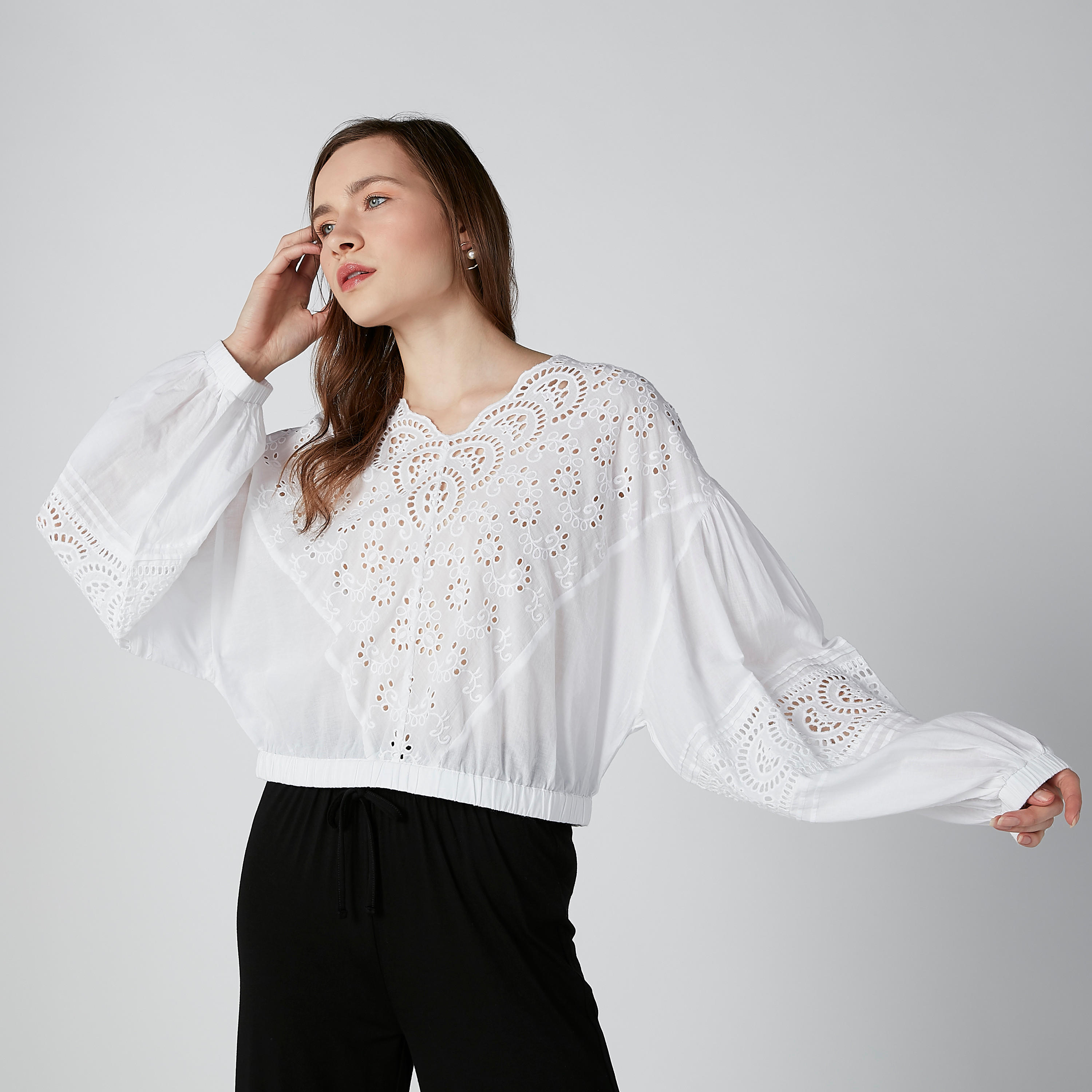 Schiffli Detail Top with V-Neck and Long Sleeves-women-clothing-shirtsandblouses-blouses-image-6