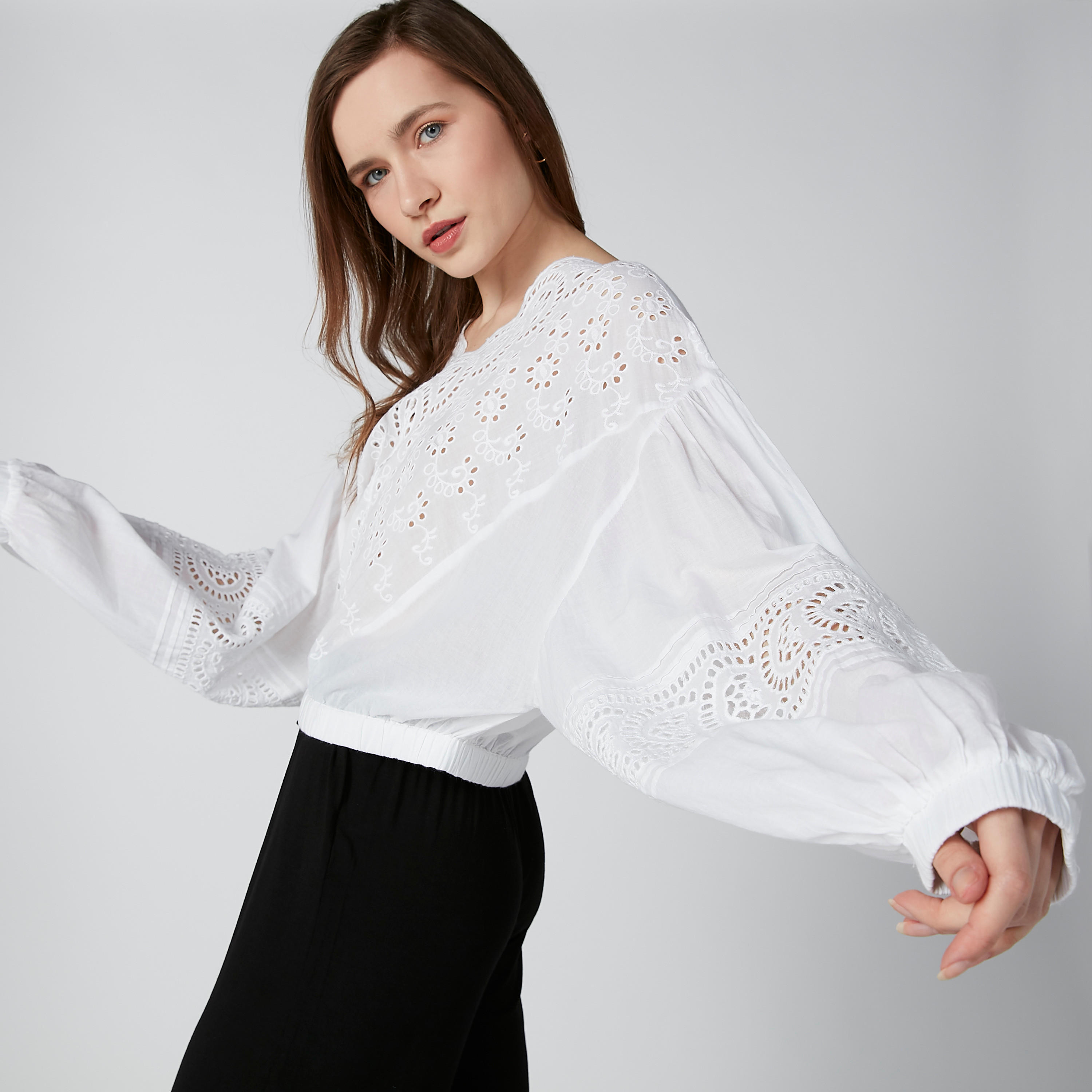Schiffli Detail Top with V-Neck and Long Sleeves-women-clothing-shirtsandblouses-blouses-image-8