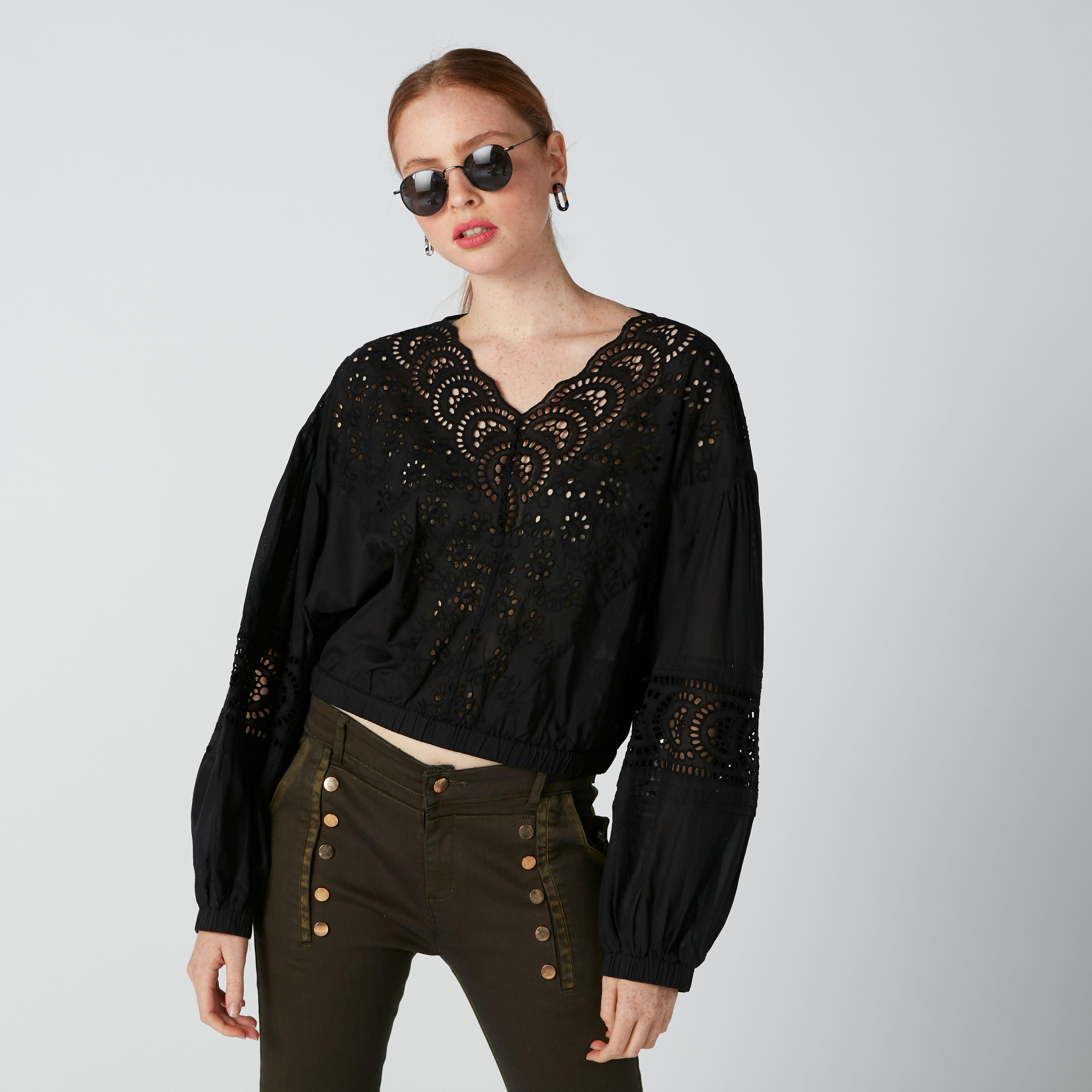Schiffli Detail Top with V-Neck and Long Sleeves-women-clothing-shirtsandblouses-blouses-image-1