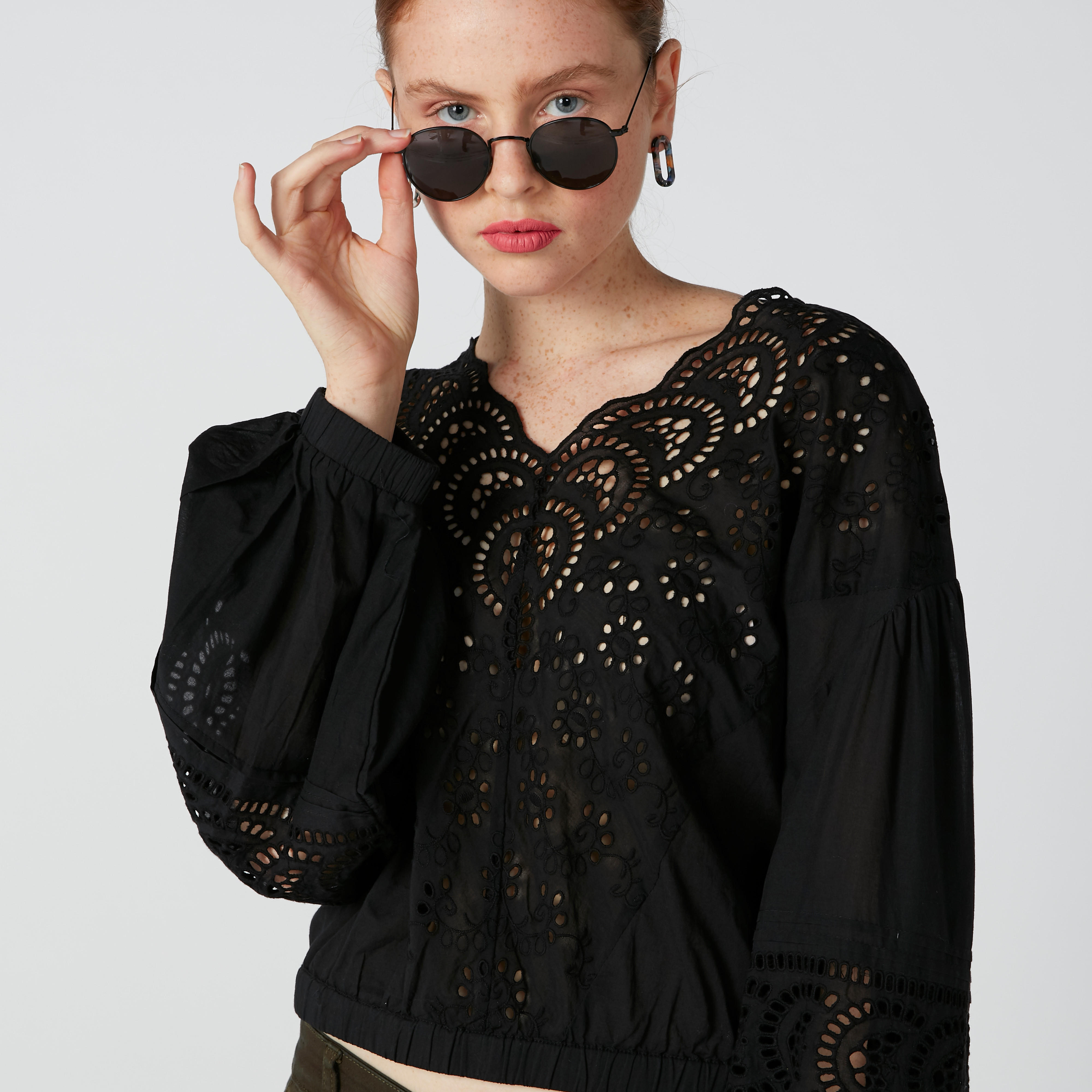 Schiffli Detail Top with V-Neck and Long Sleeves-women-clothing-shirtsandblouses-blouses-image-3
