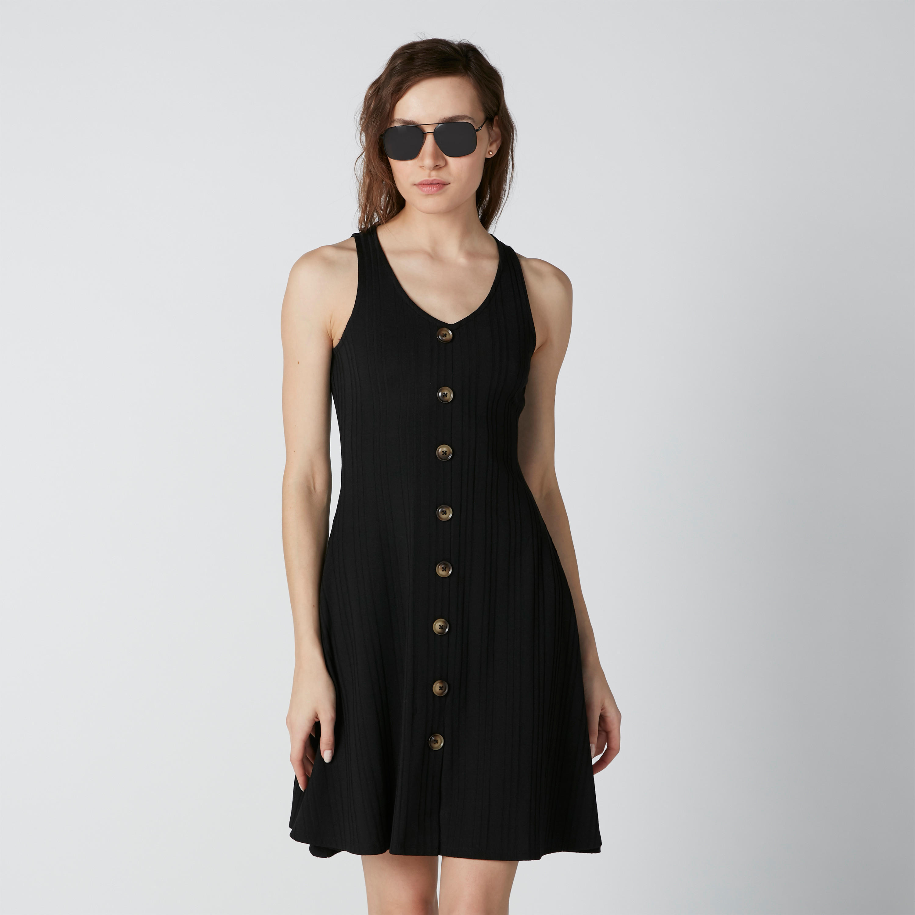 فستان سوينج متوسط الطول دون أكمام بياقة V وأزرار-women-clothing-dresses-image-1