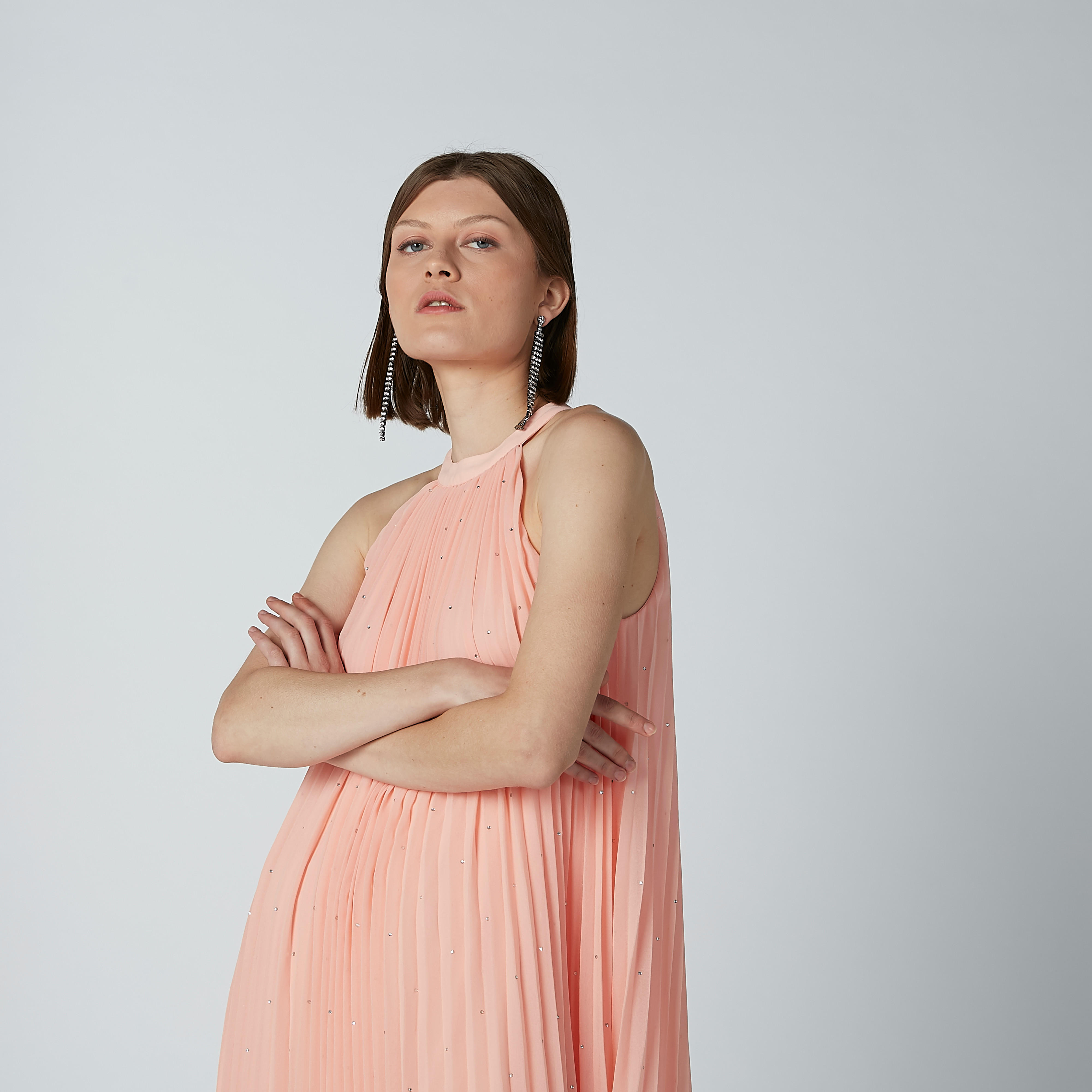 فستان إيه لاين متوسط الطول بأربطة وثنيات-women-clothing-dresses-image-1
