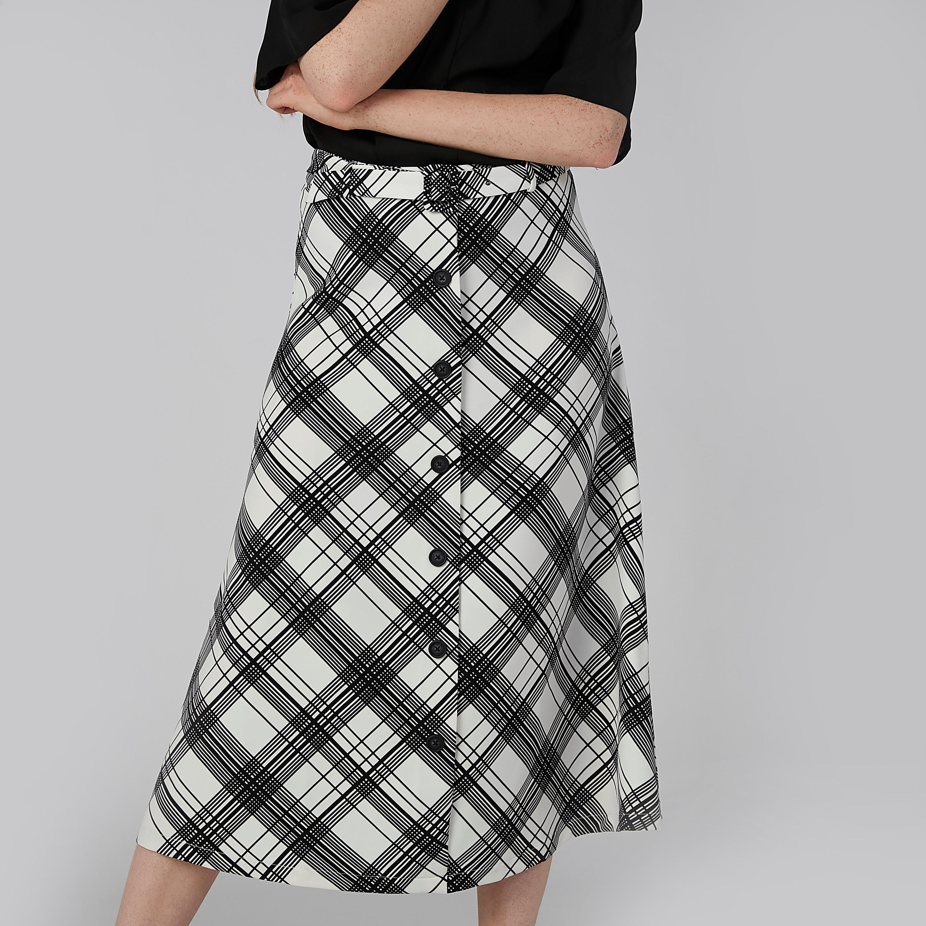 تنورة كاروهات إيه لاين متوسطة الطول بحزام-women-clothing-bottoms-skirts-image-1