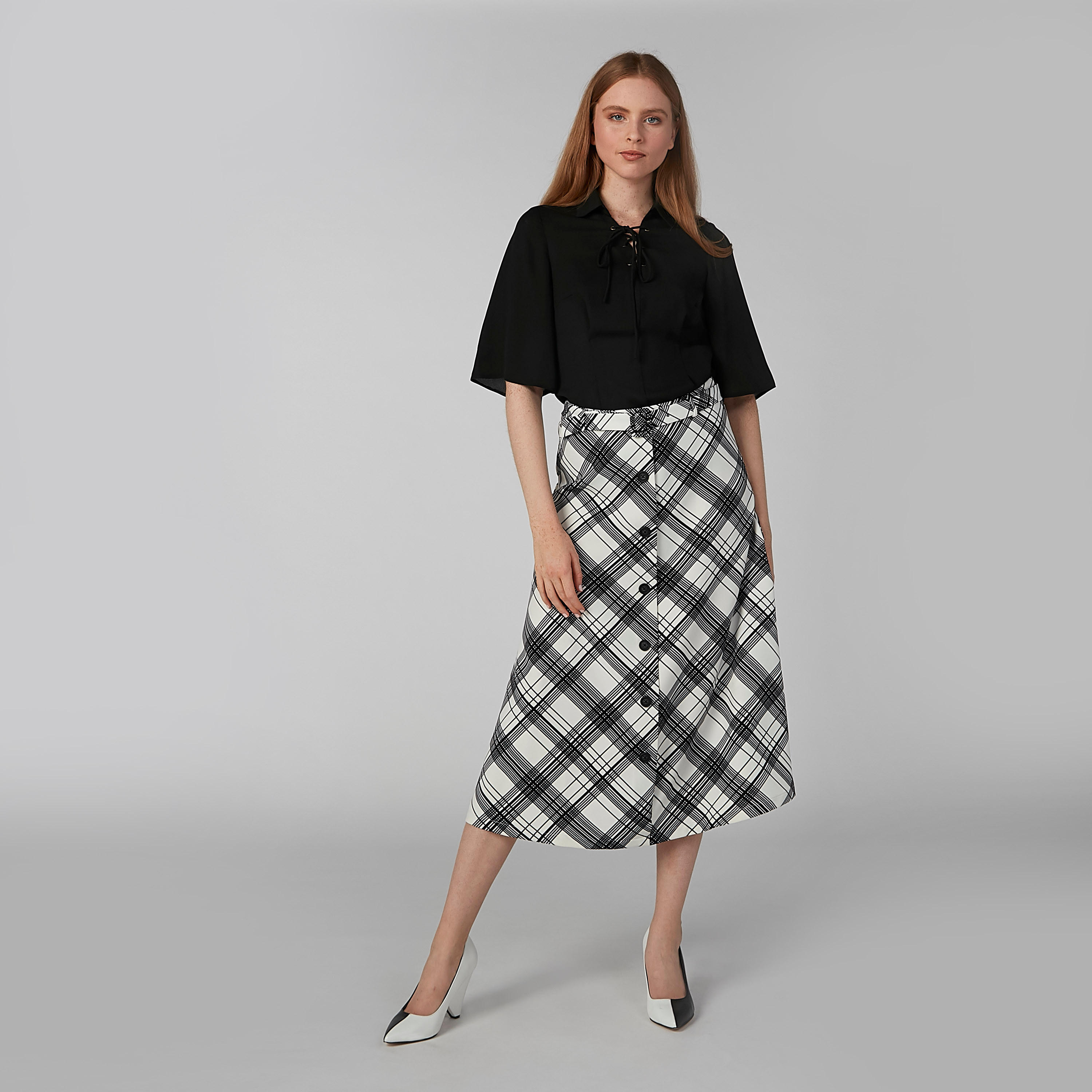 تنورة كاروهات إيه لاين متوسطة الطول بحزام-women-clothing-bottoms-skirts-image-2