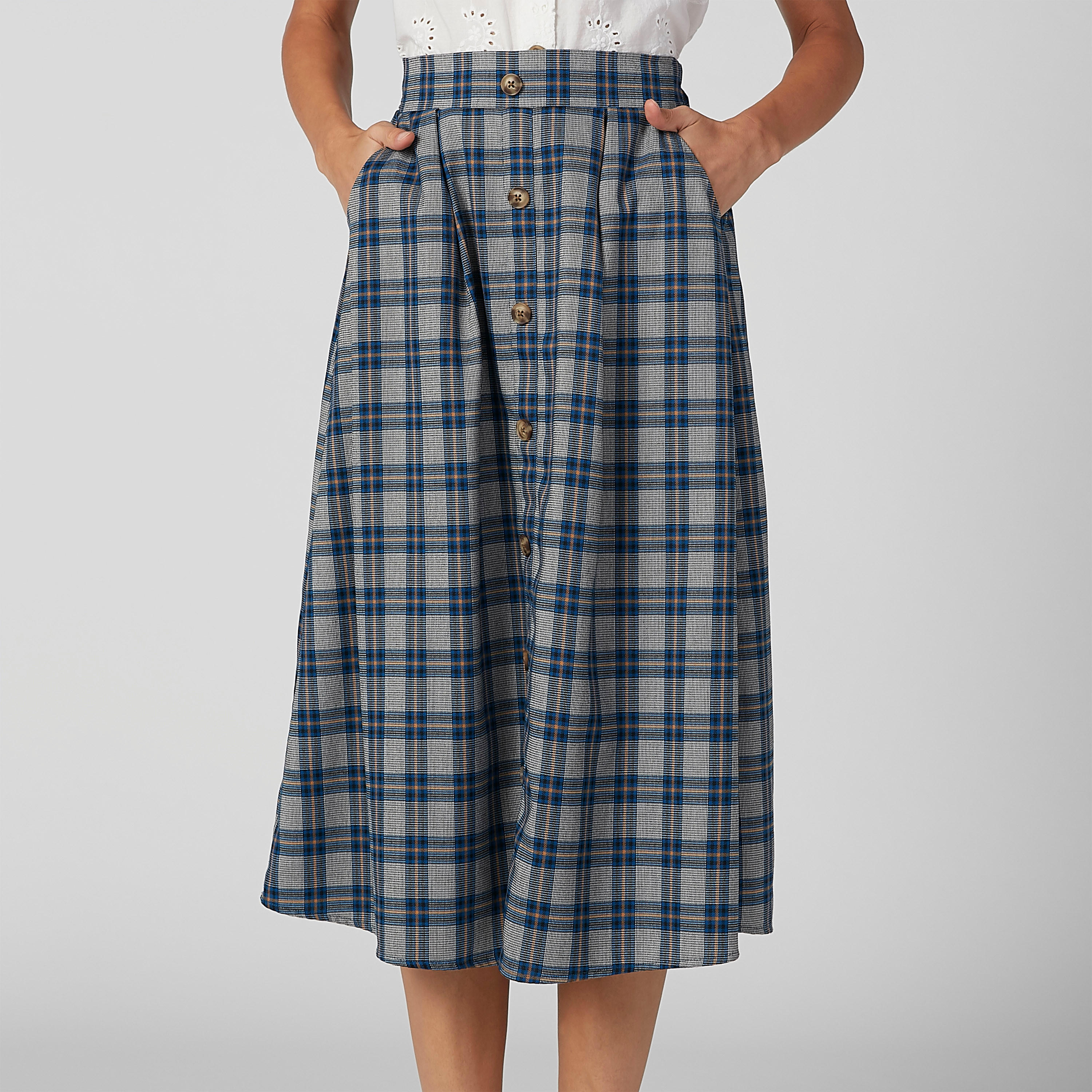 تنورة كاروهات إيه لاين متوسطة الطول بجيوب-women-clothing-bottoms-skirts-image-3