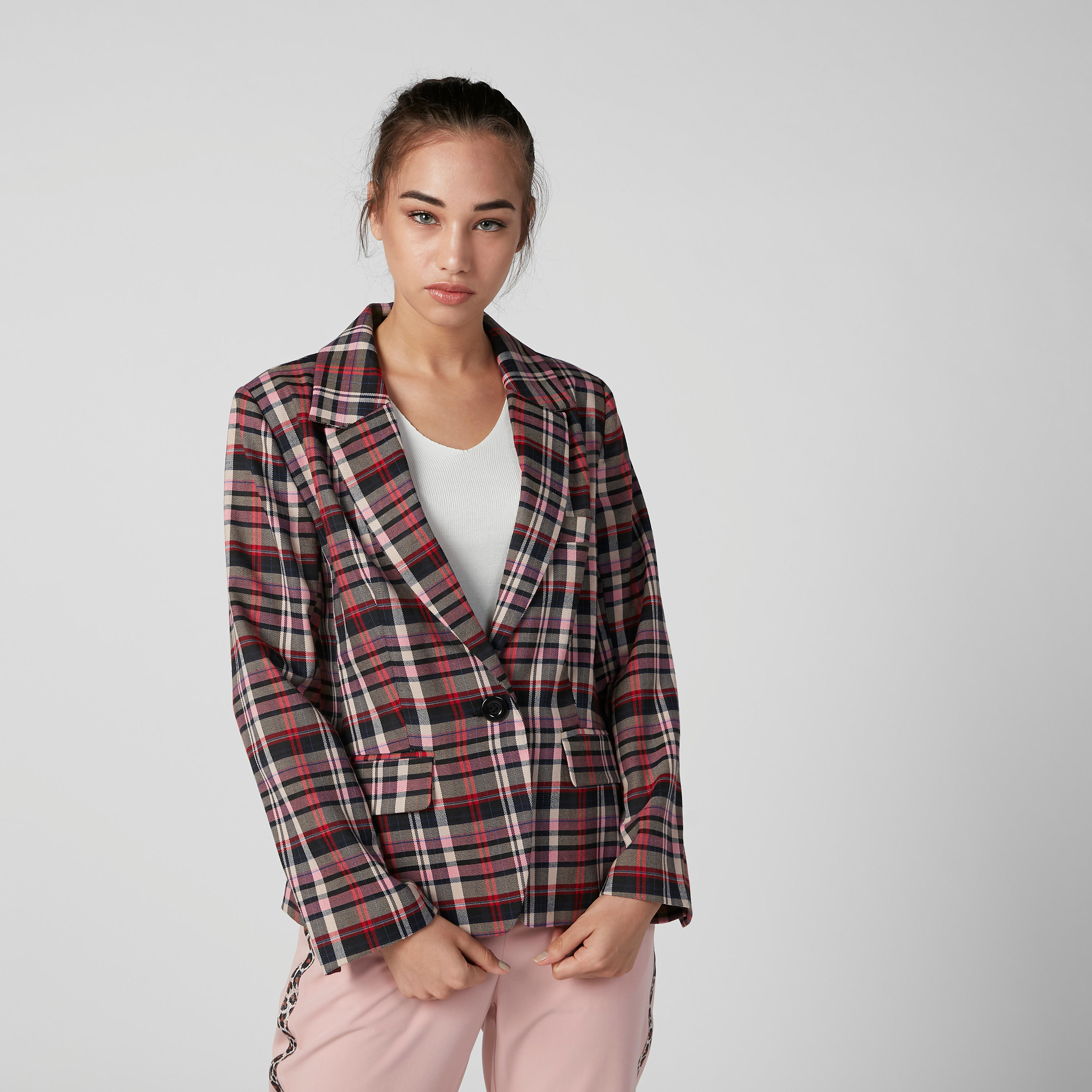 Chequered Blazer with Notched Lapel and Long Sleeves-women-clothing-coatsandjackets-blazers-image-3