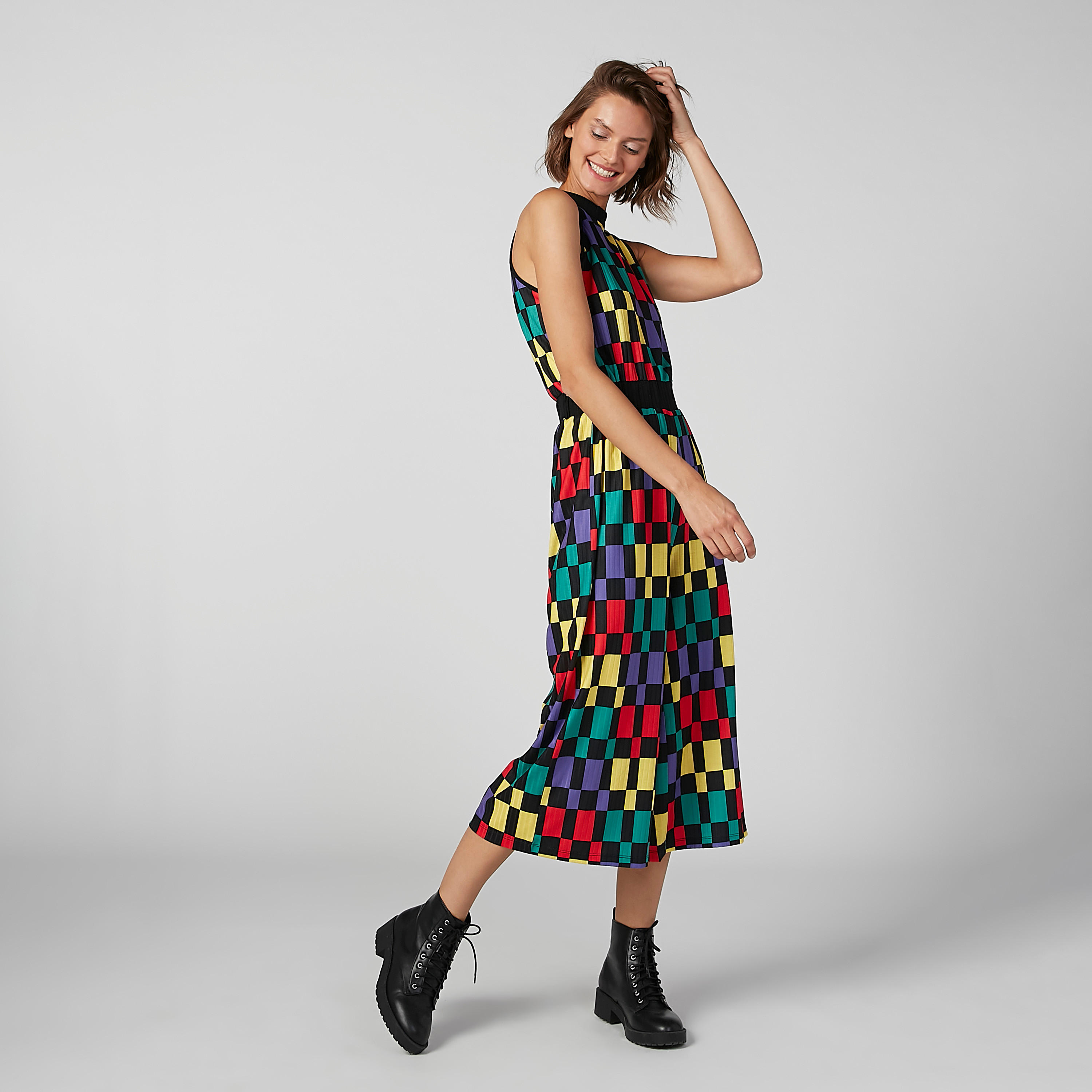 Chequered Sleeveless Jumpsuit with High Neck-women-clothing-jumpsuits-image-2
