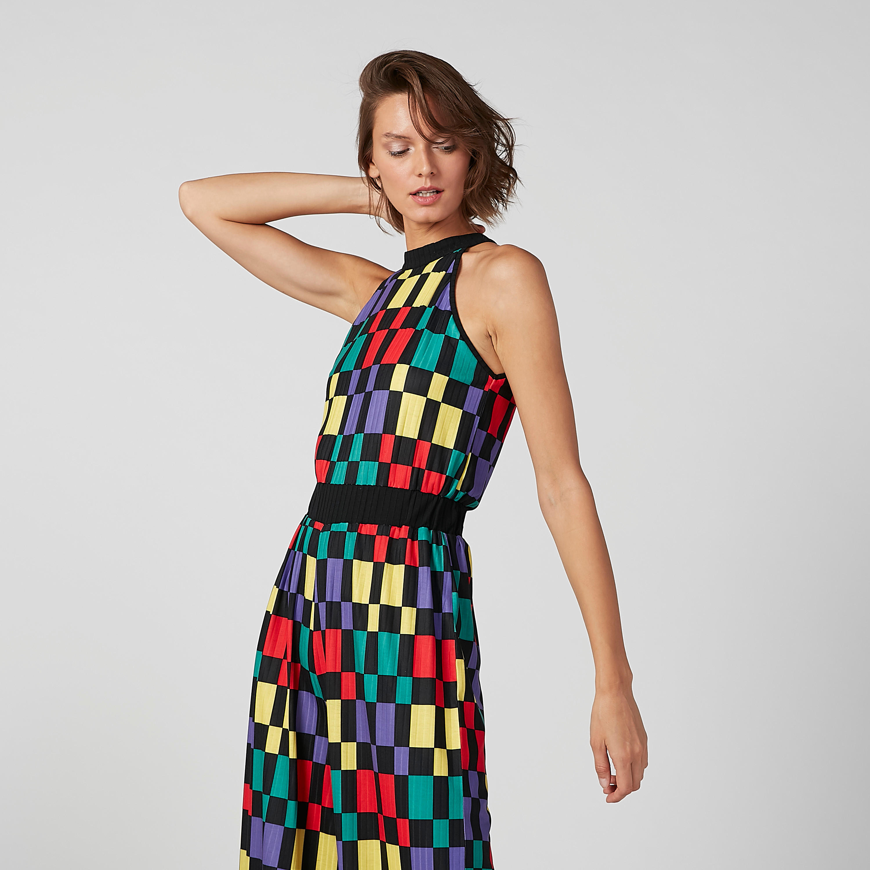 Chequered Sleeveless Jumpsuit with High Neck-women-clothing-jumpsuits-image-4