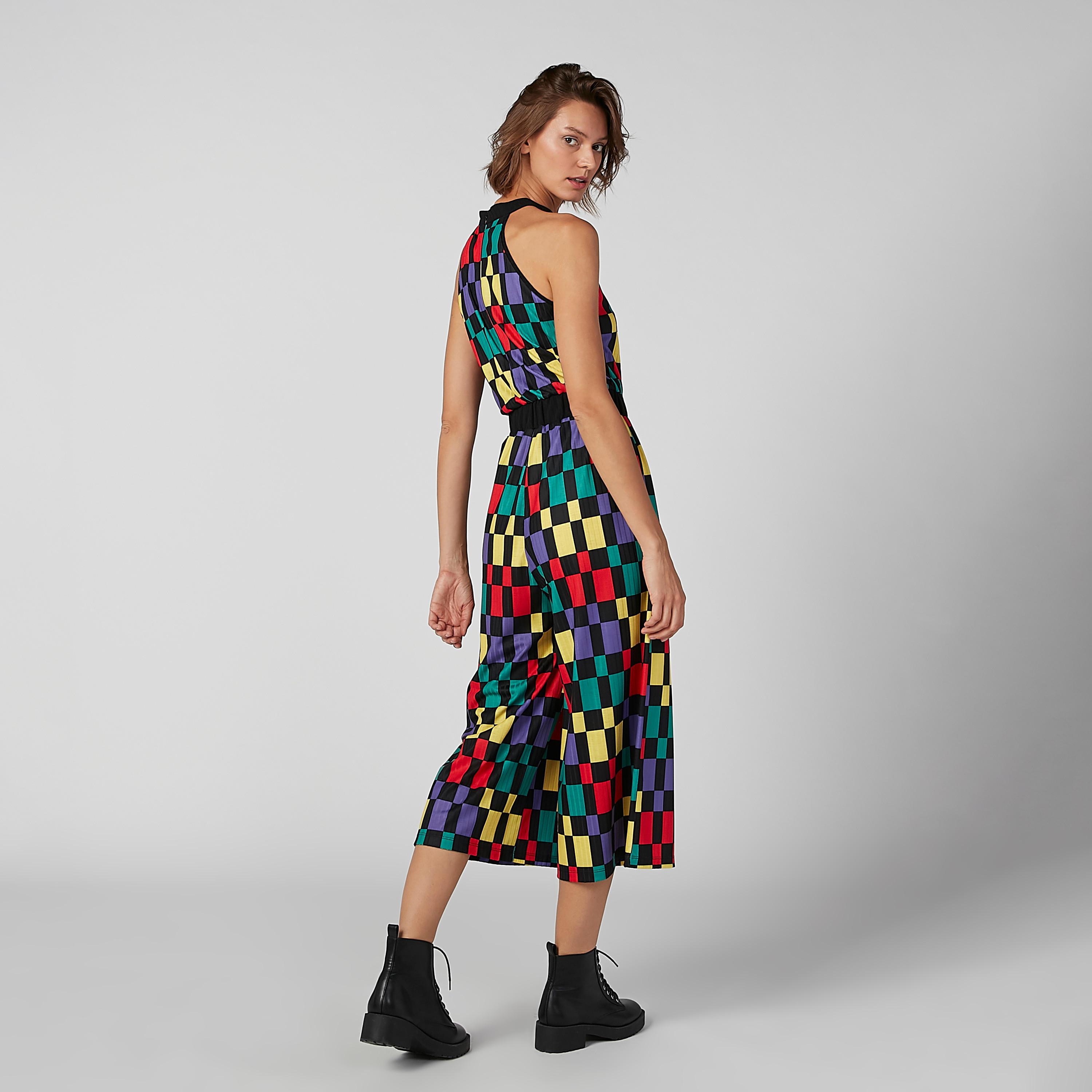 Chequered Sleeveless Jumpsuit with High Neck-women-clothing-jumpsuits-image-5