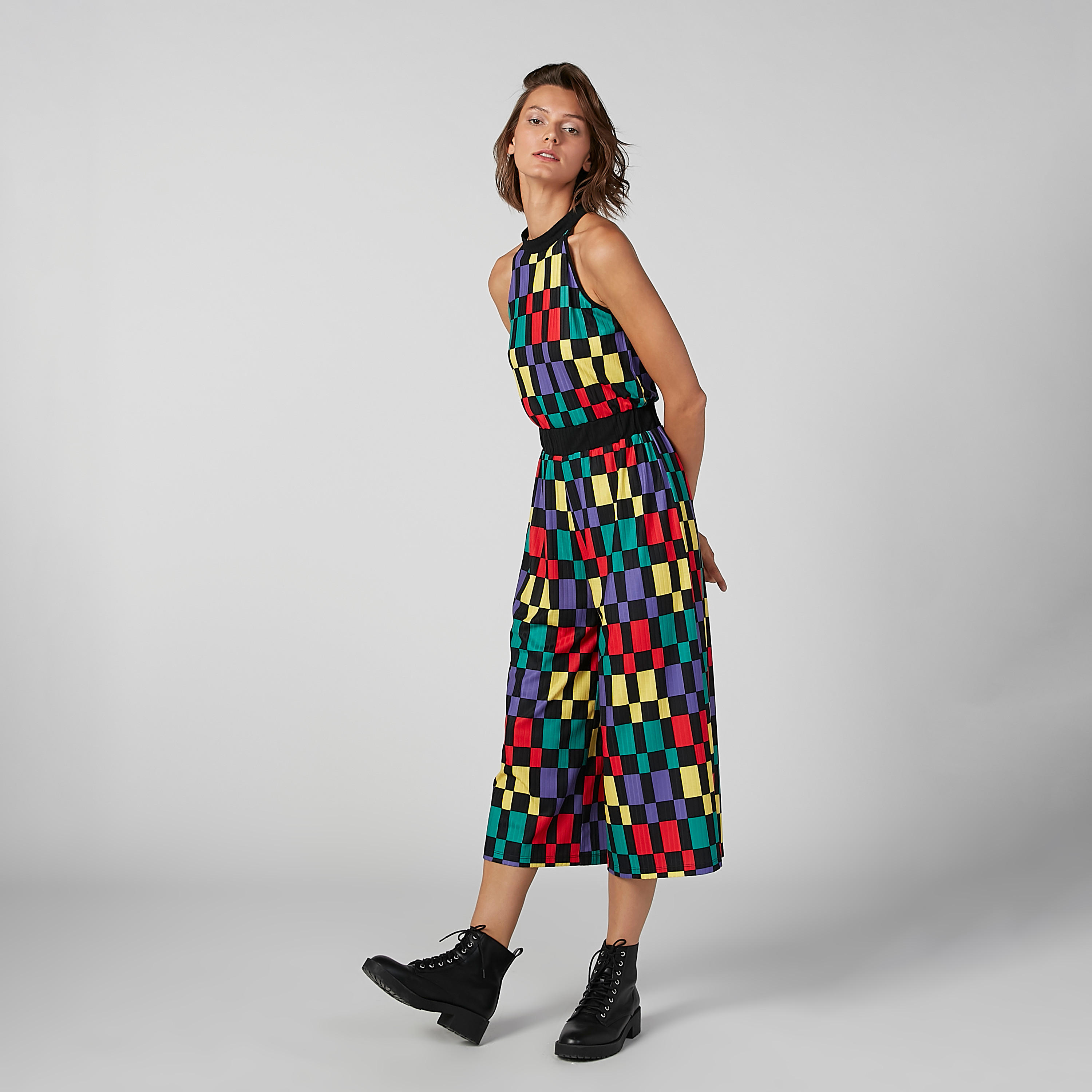 Chequered Sleeveless Jumpsuit with High Neck-women-clothing-jumpsuits-image-6