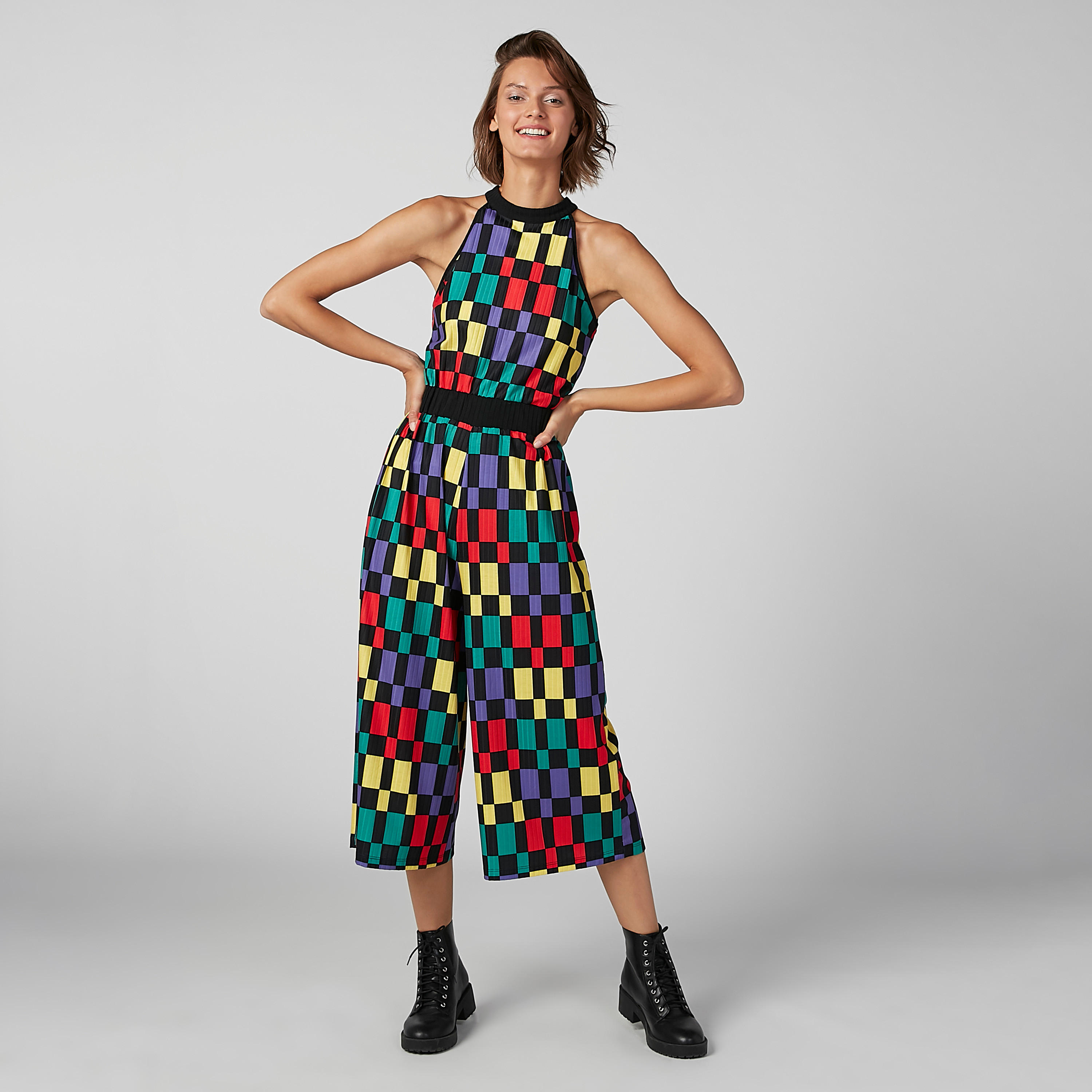 Chequered Sleeveless Jumpsuit with High Neck-women-clothing-jumpsuits-image-1